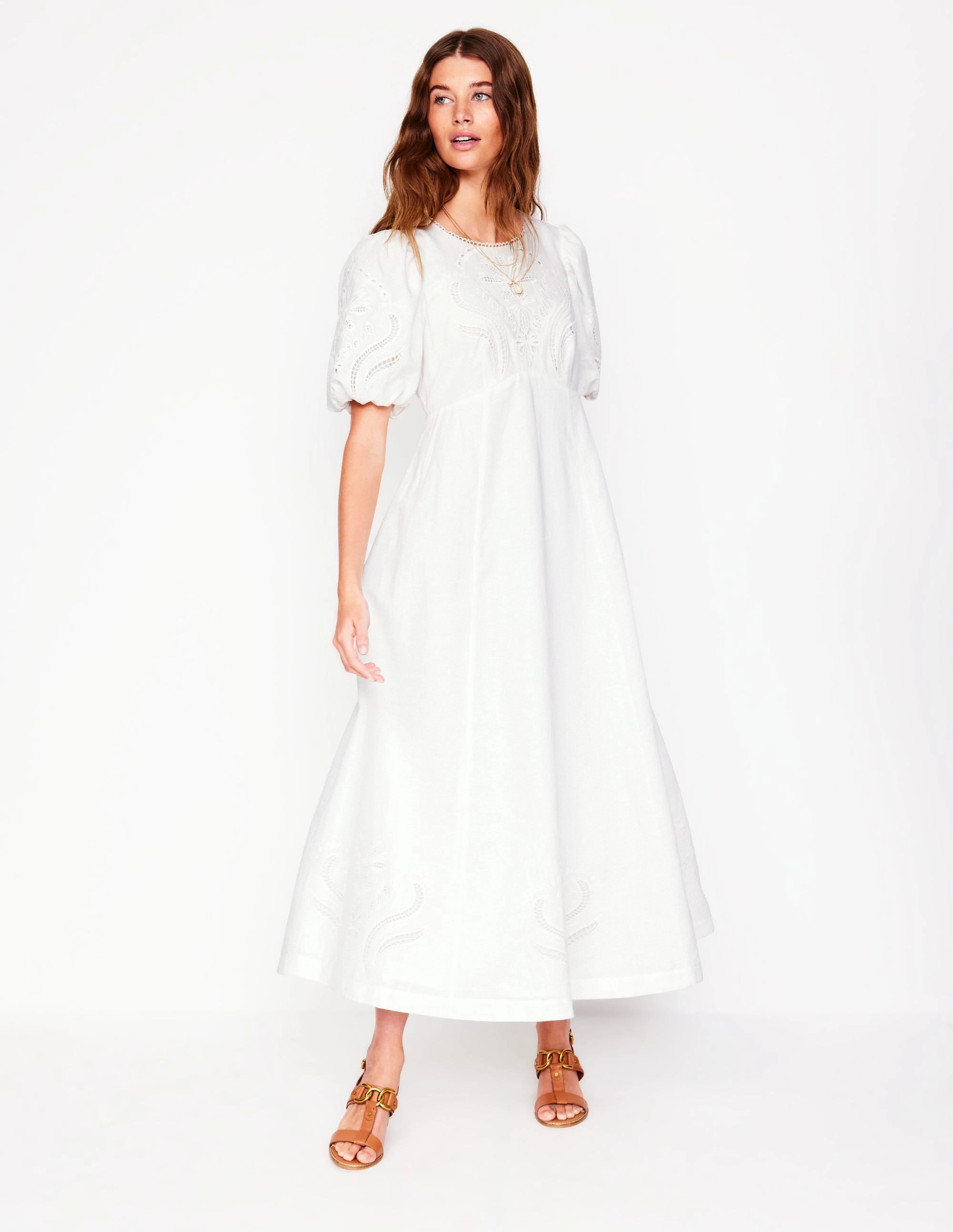 Dress-Up Style Empire Broderie Tea Dress-White
