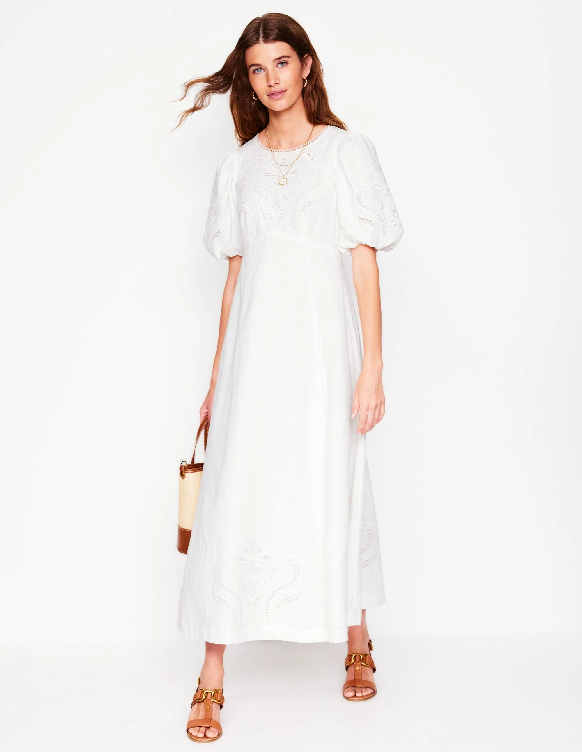 Earthy Hue Stain-Guard-Finish Empire Broderie Tea Dress-White