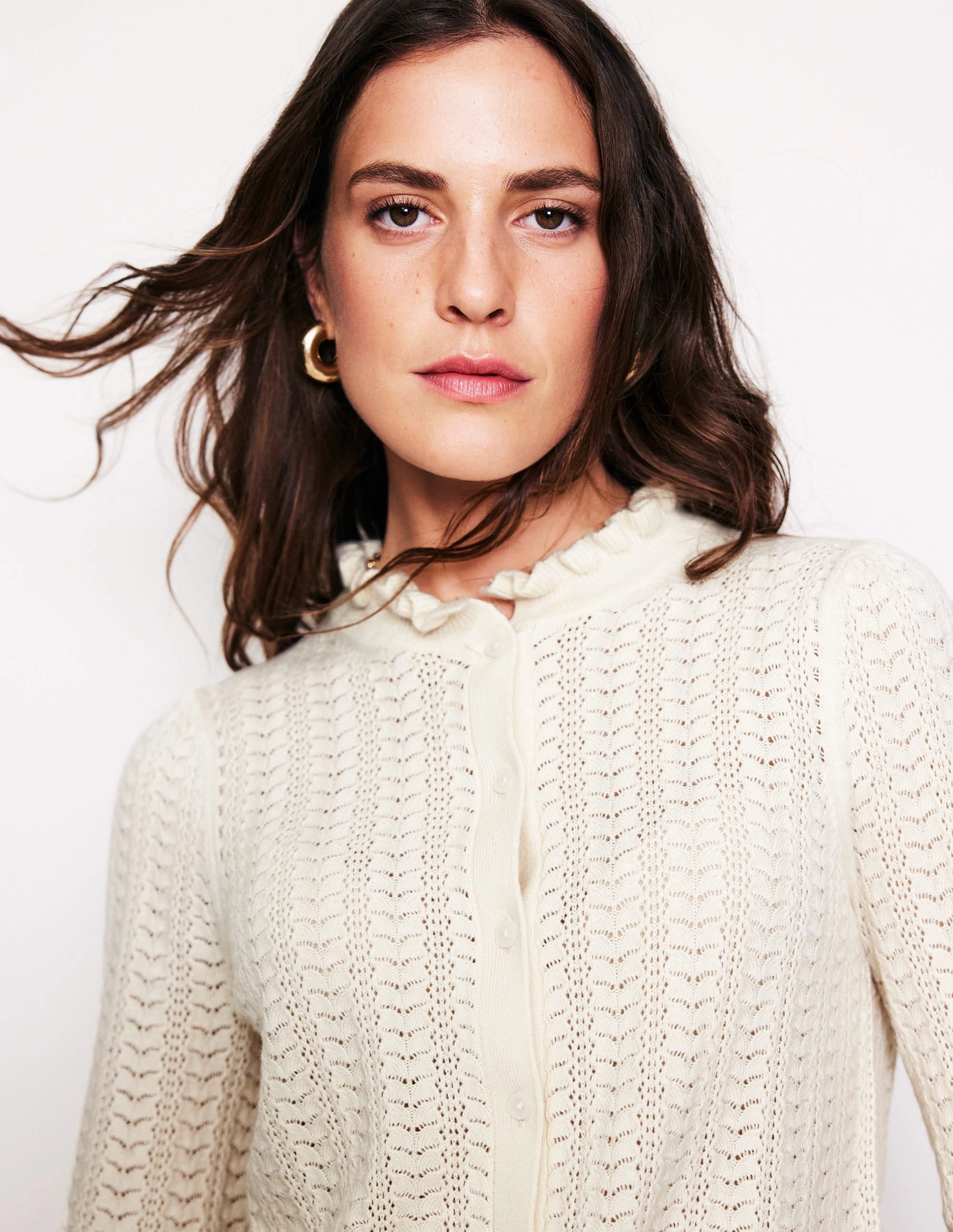 Durable Elasticity Tia Pointelle Frilled Cardigan-Warm Ivory