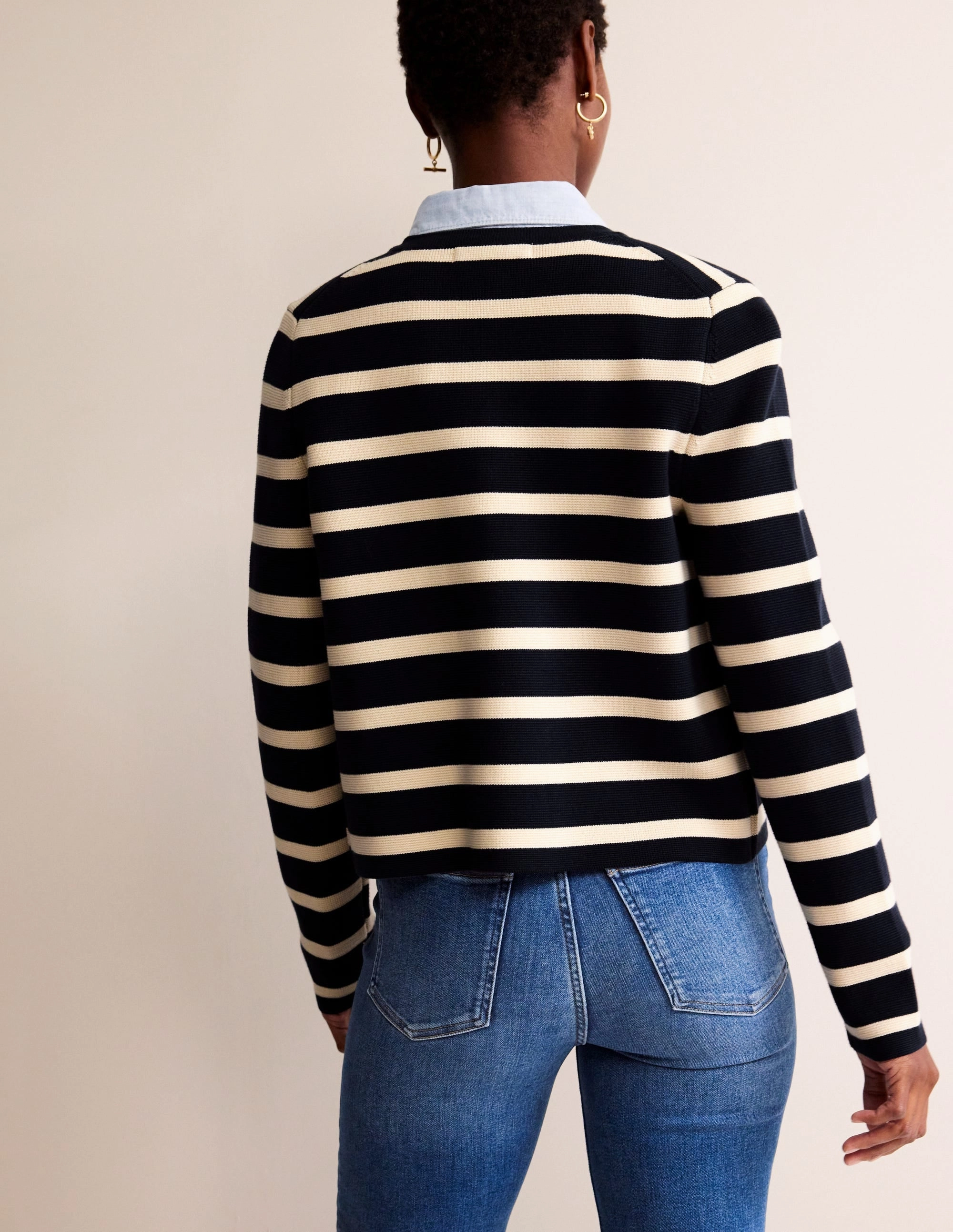 Holly Knitted Jacket-Navy, Ivory Breathable Honeycomb Weave Daily Wear