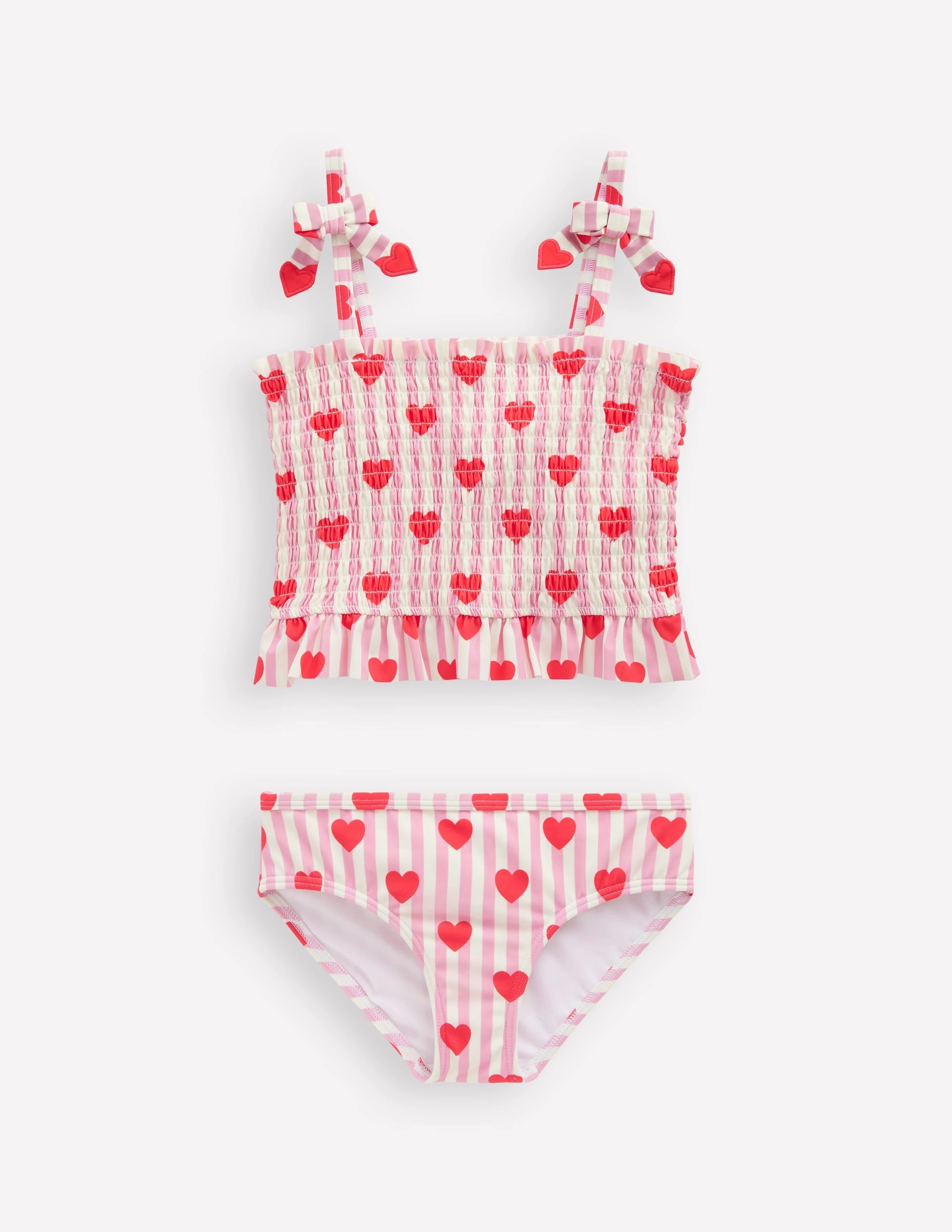 Quick Tie Closure Smocked Tankini Set-Bubblegum Pink Heart Stripe