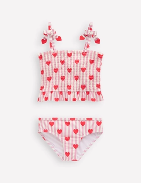 Quick Tie Closure Smocked Tankini Set-Bubblegum Pink Heart Stripe