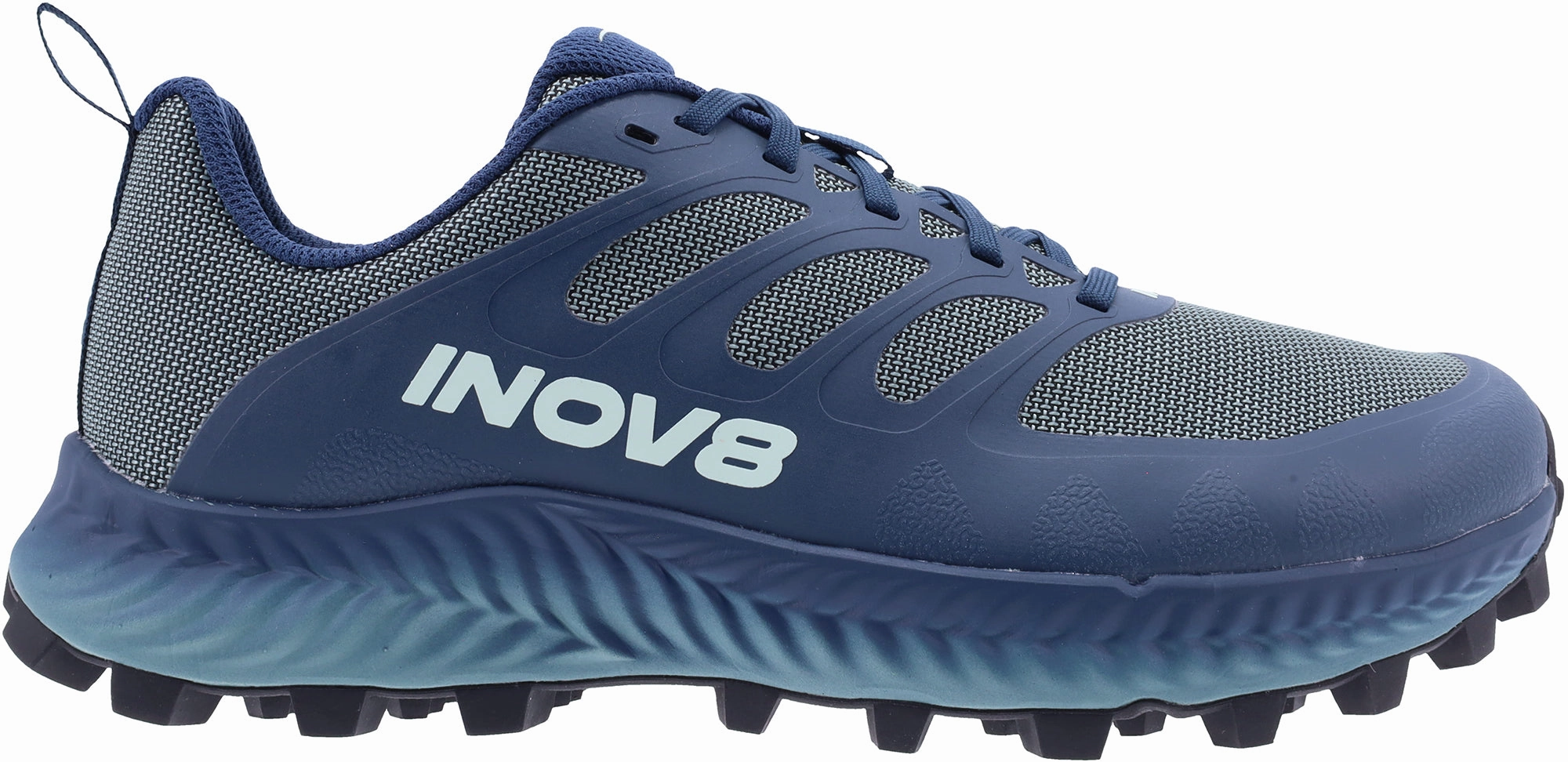 global - themed running option mental health running shoe benefit Inov8 Mudtalon WIDE FIT Womens Trail Running Shoes - Blue