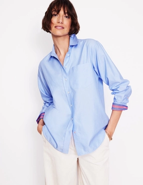 Soft Brushed Finish Casual Layer Look Connie Relaxed Cotton Shirt-Blue Oxford, Placement Stripe