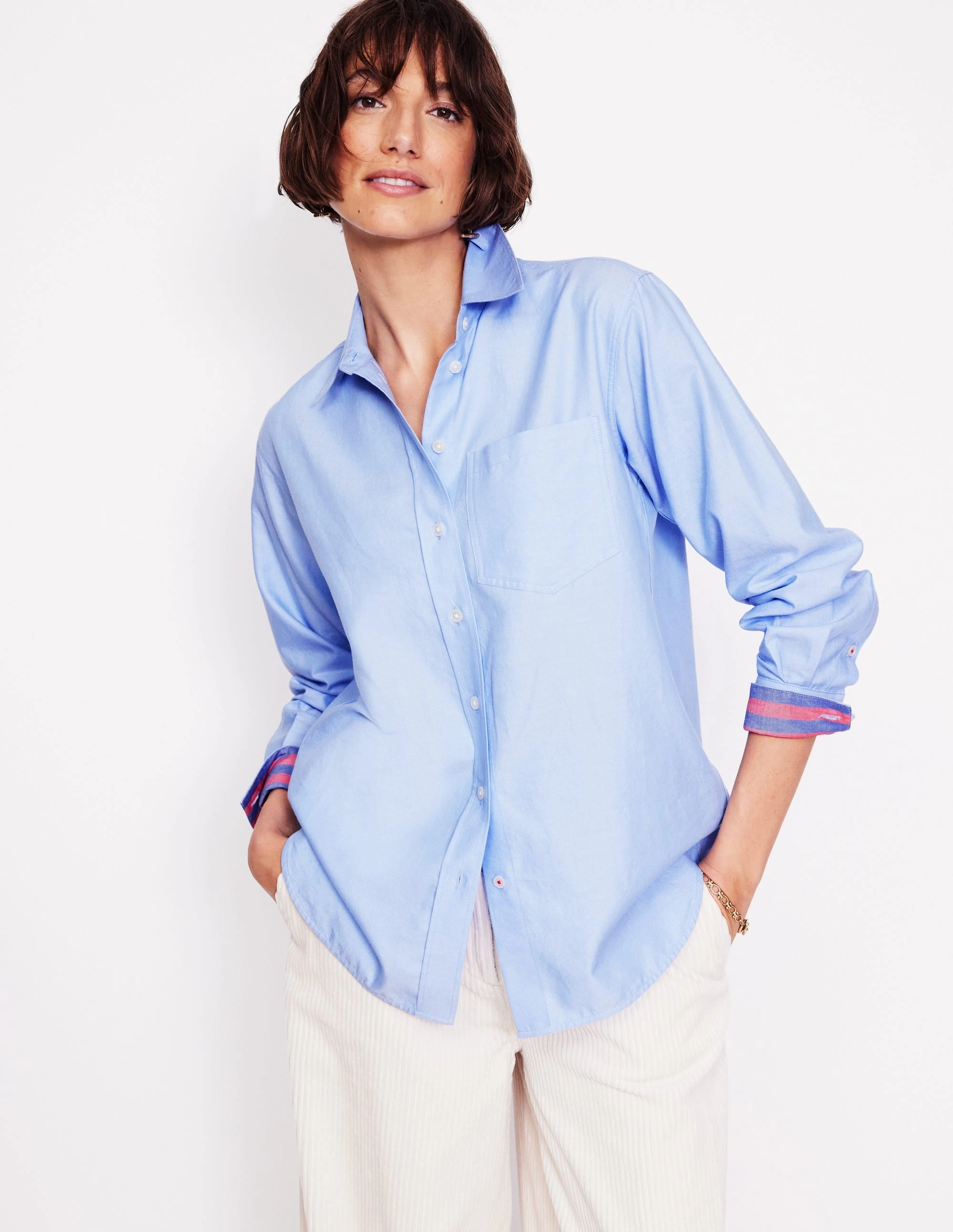 Soft Brushed Finish Casual Layer Look Connie Relaxed Cotton Shirt-Blue Oxford, Placement Stripe