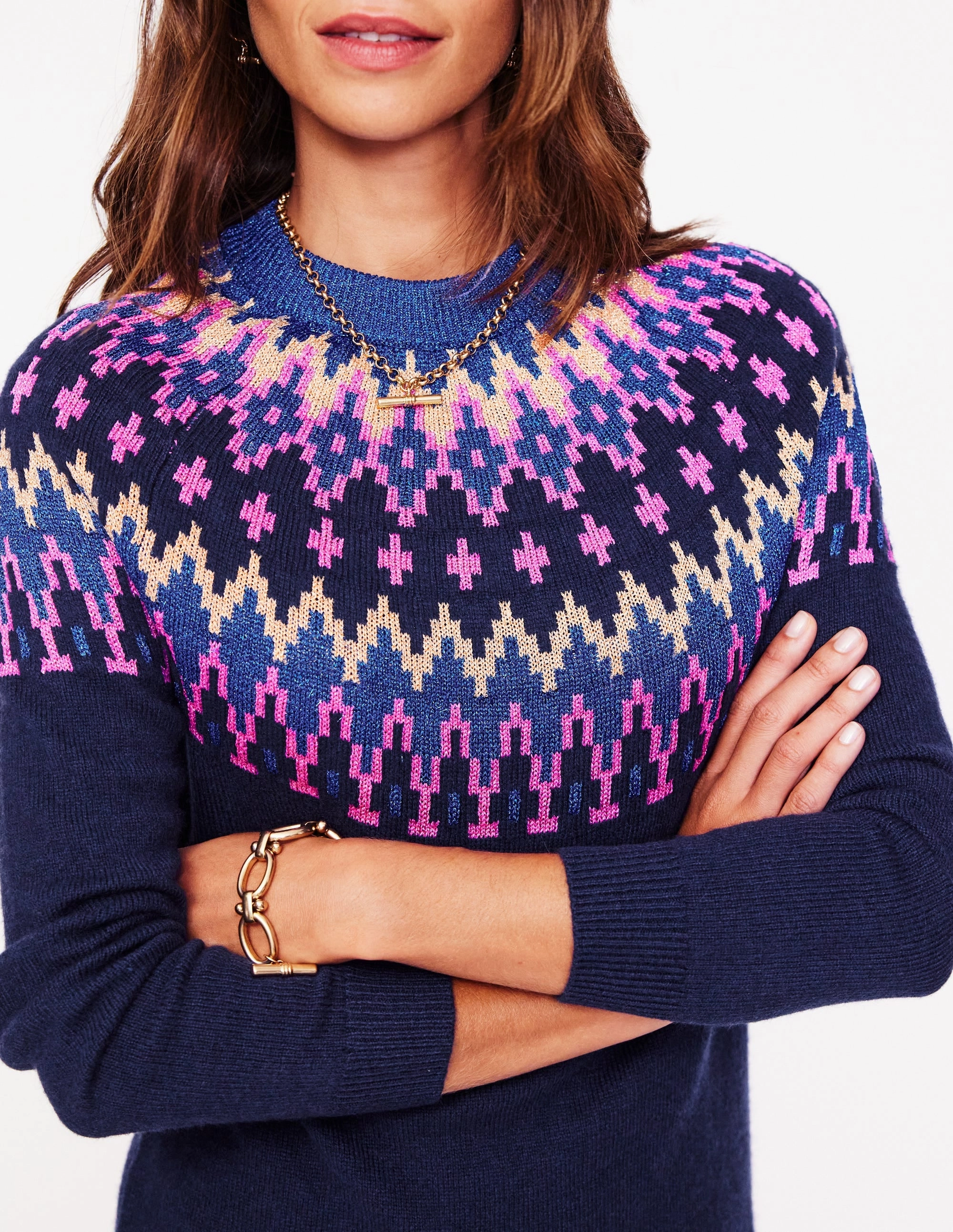 City-Style Simple Ease Eleanor Fair Isle Dress-Navy, Sparkle Fair Isle