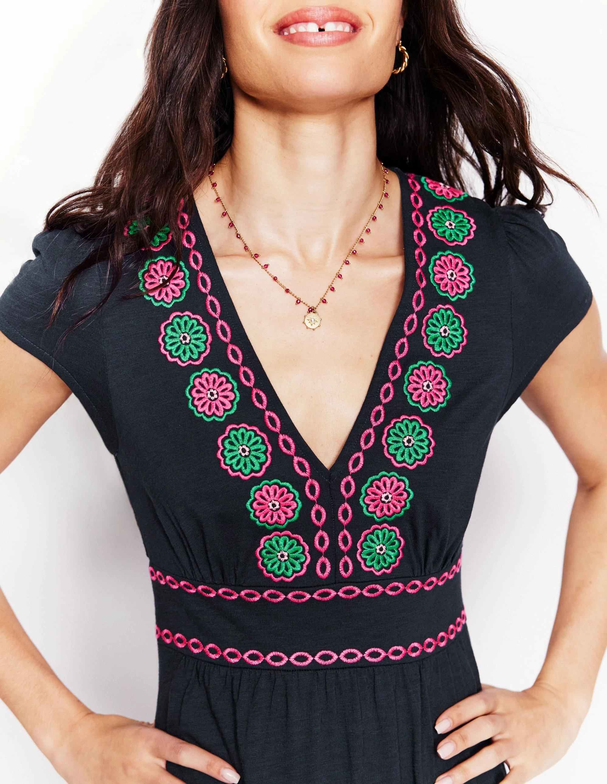 Eloise Embroidered Midi Dress-Navy Fall Comfort Subtle Drape