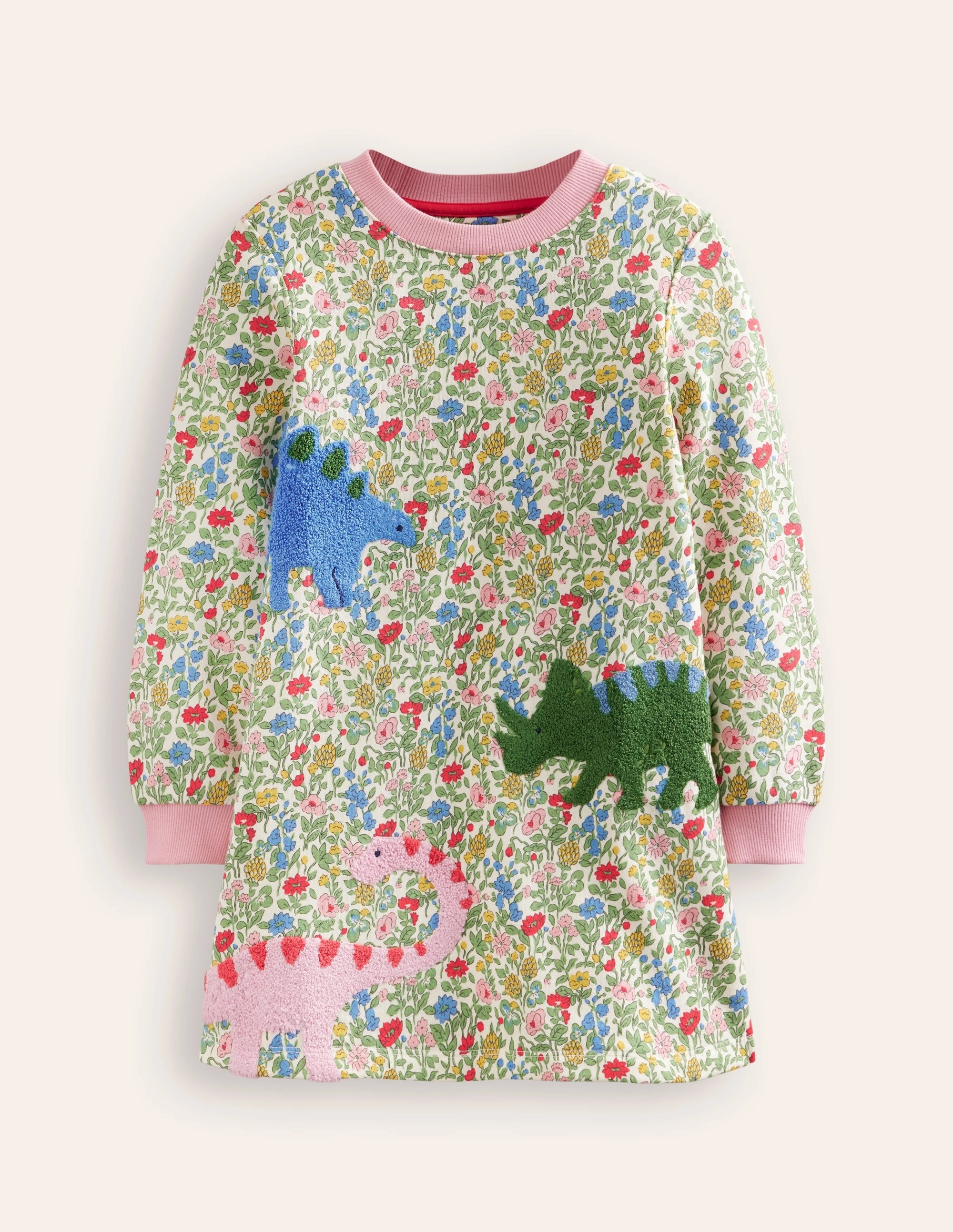 Date Vibe Soft Touch Ida Sweatshirt Appliqu?? Dress-Multi Meadow Floral Dinosaurs