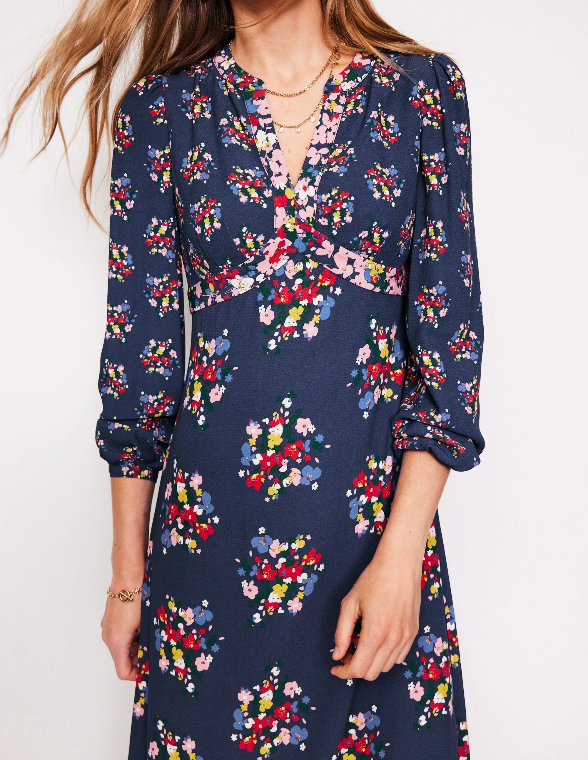 Imelda Border Print Midi Dress-French Navy, Poppy Bouquet High-Neck