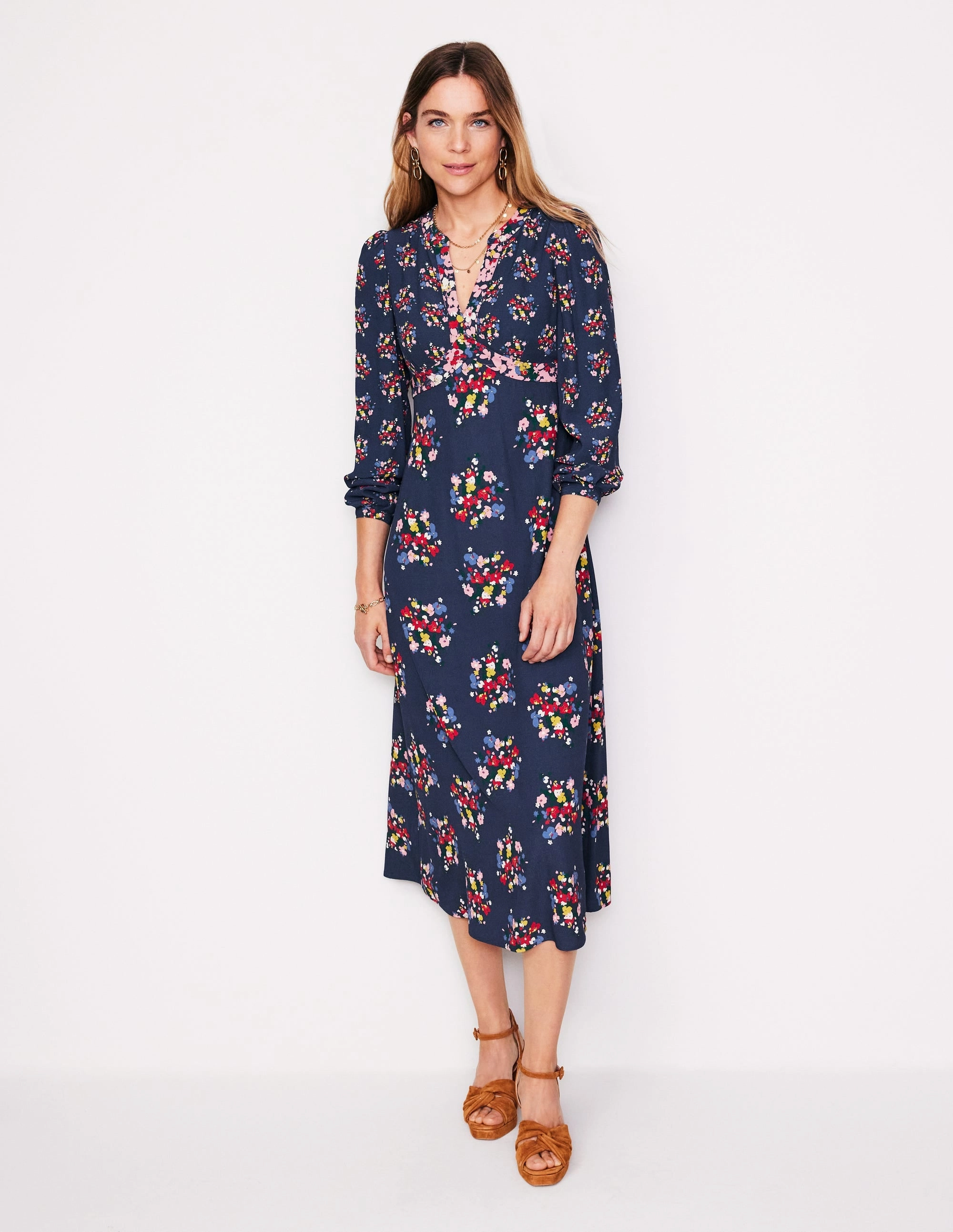 Imelda Border Print Midi Dress-French Navy, Poppy Bouquet Sage Glow