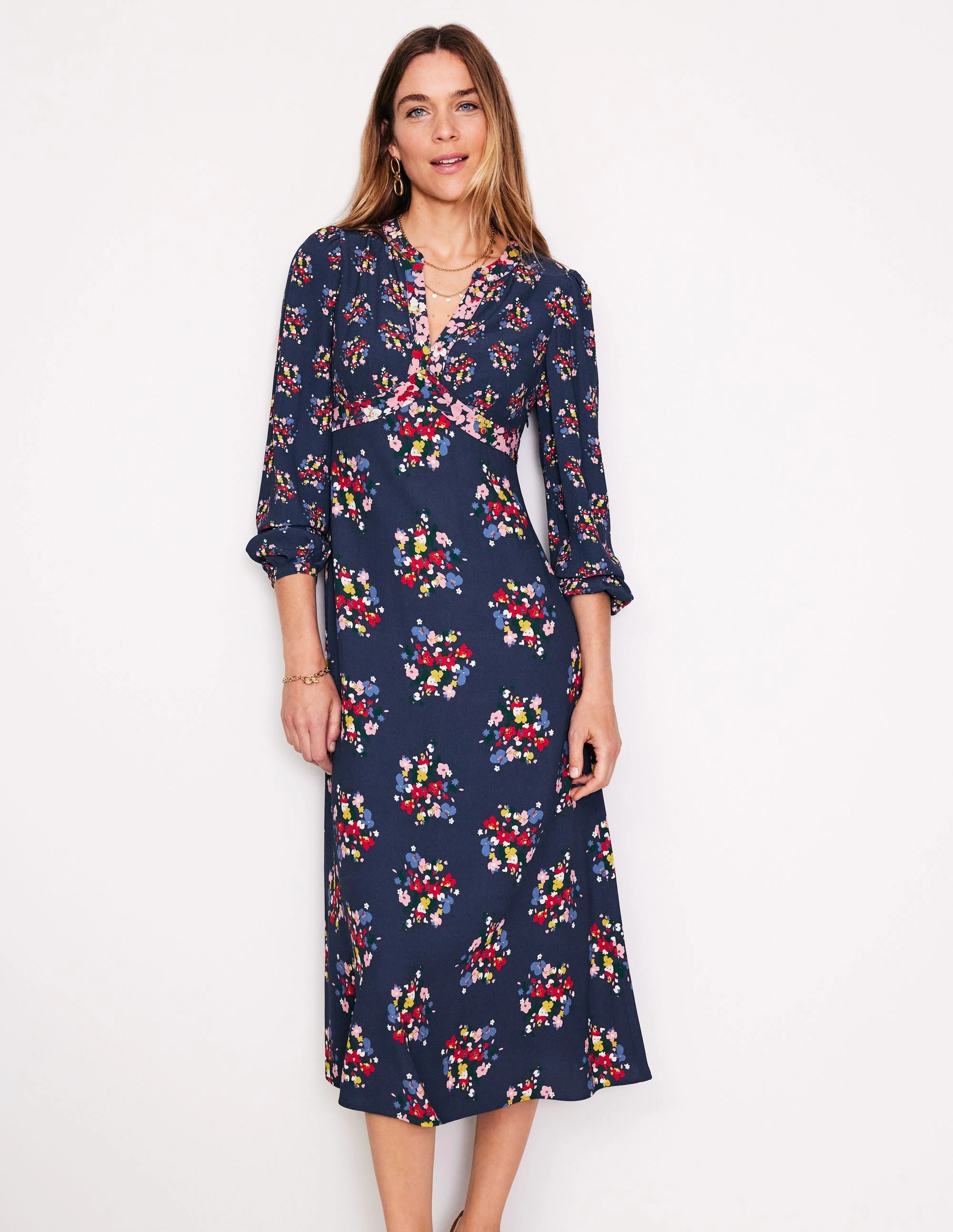 Chic Tailoring Design Elegant holiday wear Imelda Border Print Midi Dress-French Navy, Poppy Bouquet