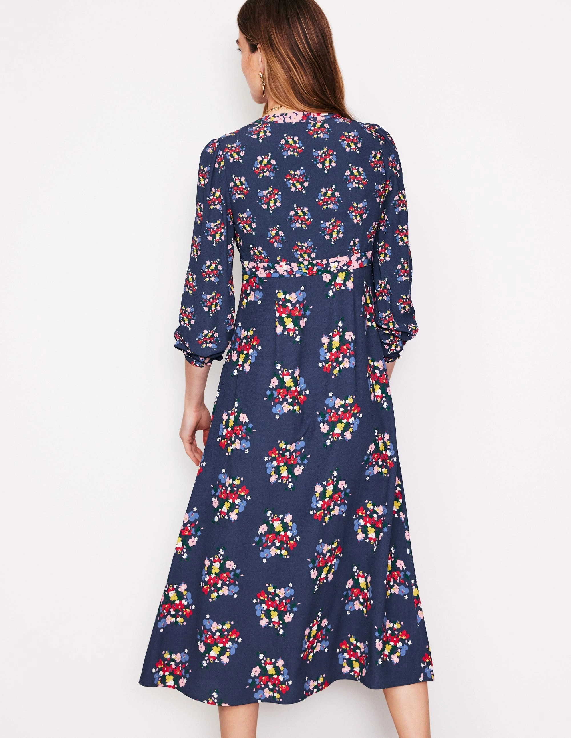 Capsule-Wardrobe Spring Ready Imelda Border Print Midi Dress-French Navy, Poppy Bouquet
