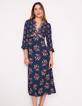 Chic Tailoring Design Elegant holiday wear Imelda Border Print Midi Dress-French Navy, Poppy Bouquet