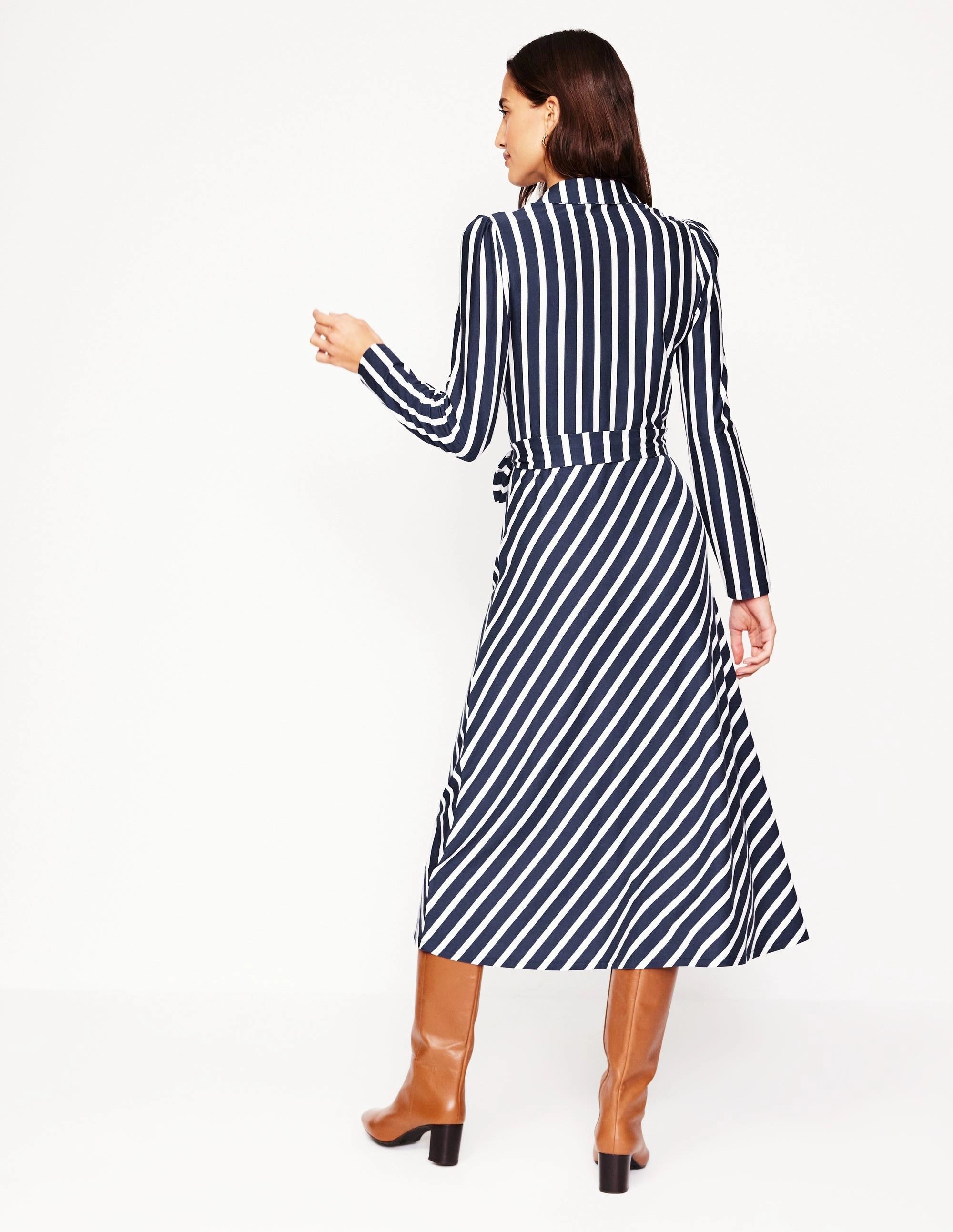 Zip-Closure Professional Comfort Imogen Collared Jersey Dress-French Navy and Ivory Stripe