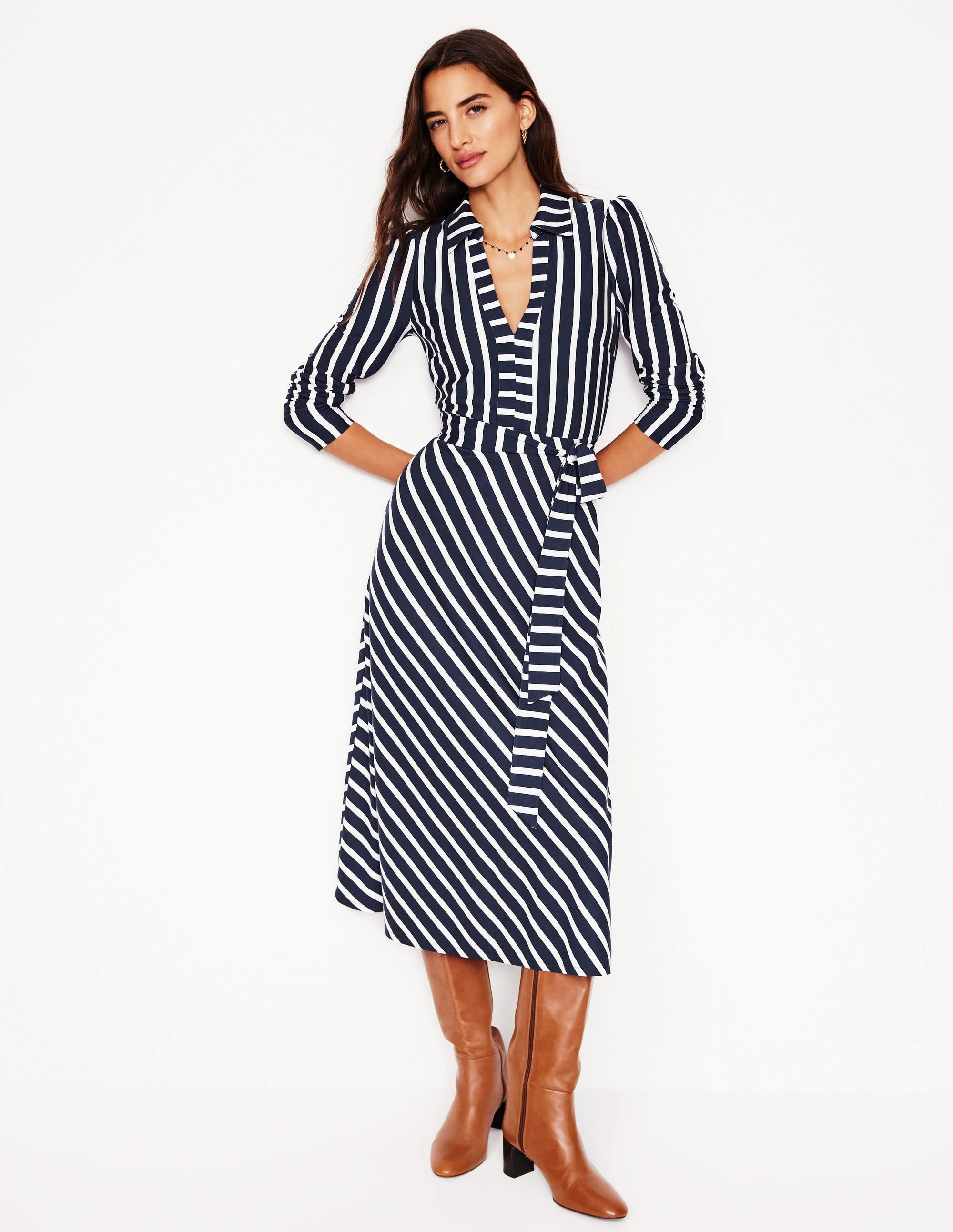 Cozy Texture Imogen Collared Jersey Dress-French Navy and Ivory Stripe