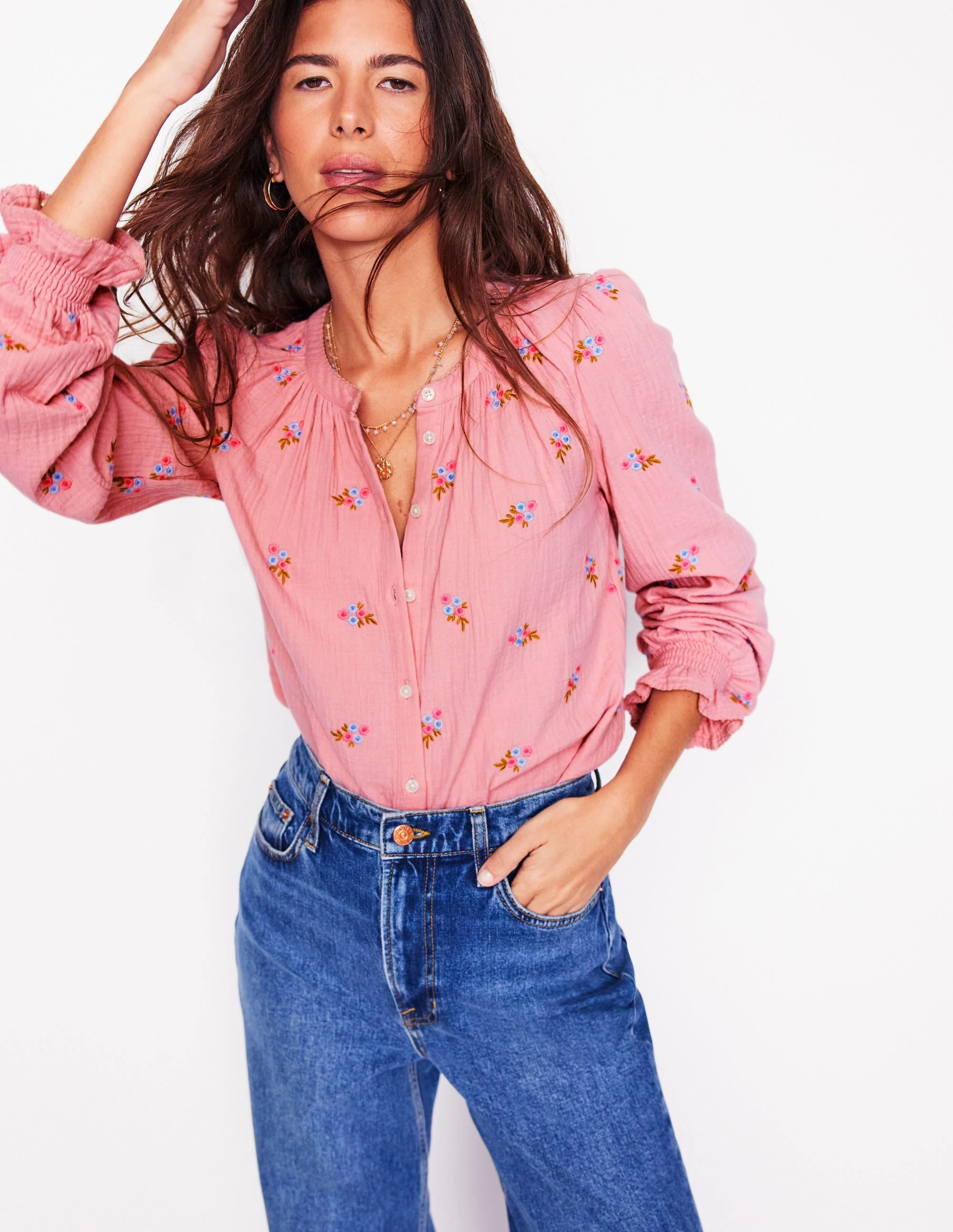 Evie Double Cloth Top-Almond Pink, Floral Embroidery DurableStitching