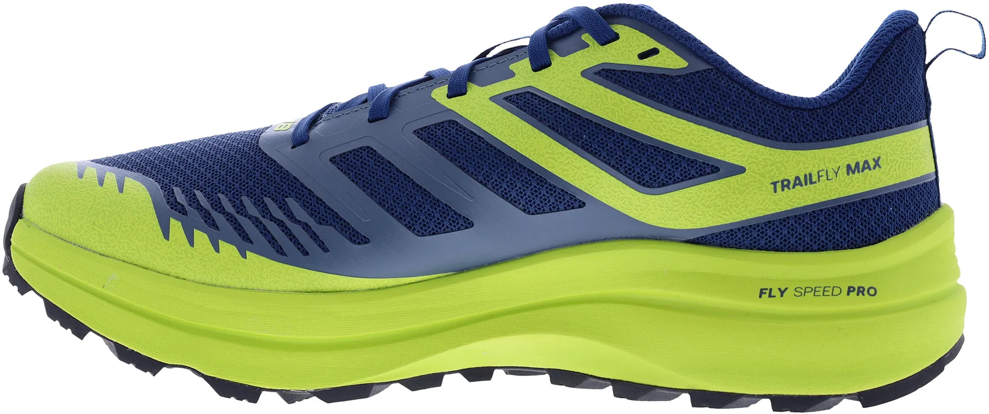 zero - drop running gear Molded Collar Padding Inov8 TrailFly Max WIDE FIT Mens Trail Running Shoes - Blue