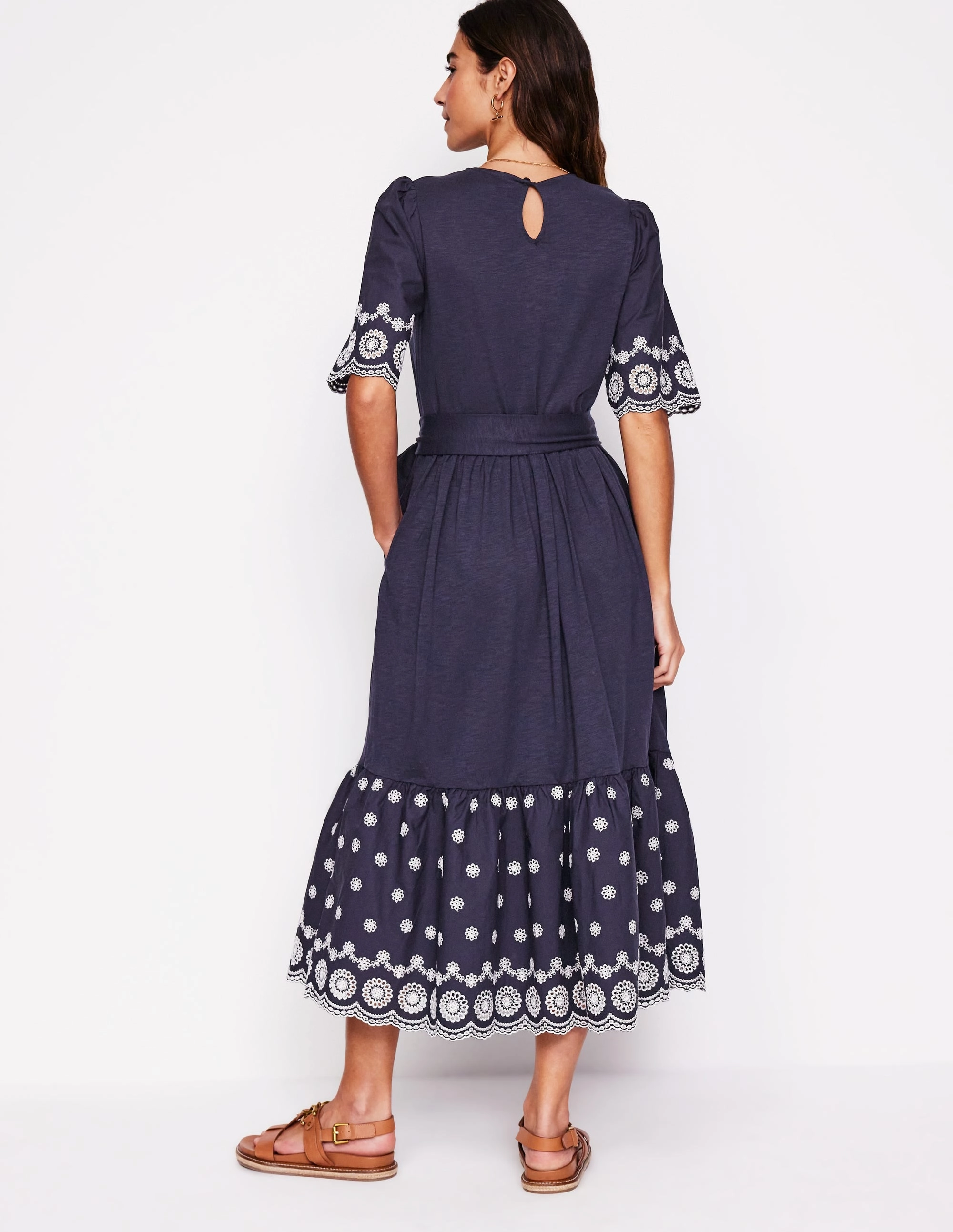 Lace Accent Summer Outfit Isabel Broderie Mix maxi Dress-Navy