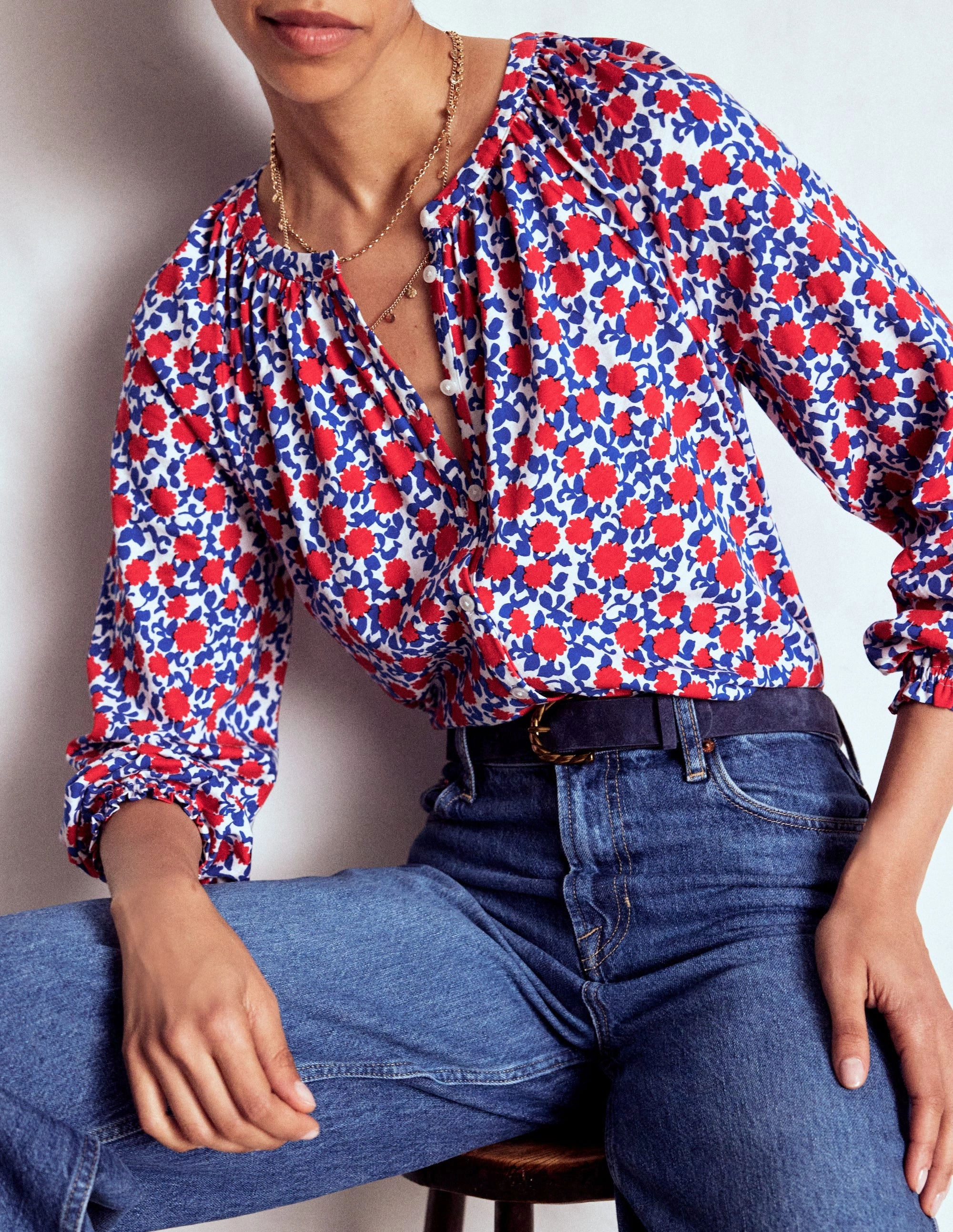 Isla Long Sleeve Jersey Shirt-Poppy Red, Floweret Vine Camping practicality