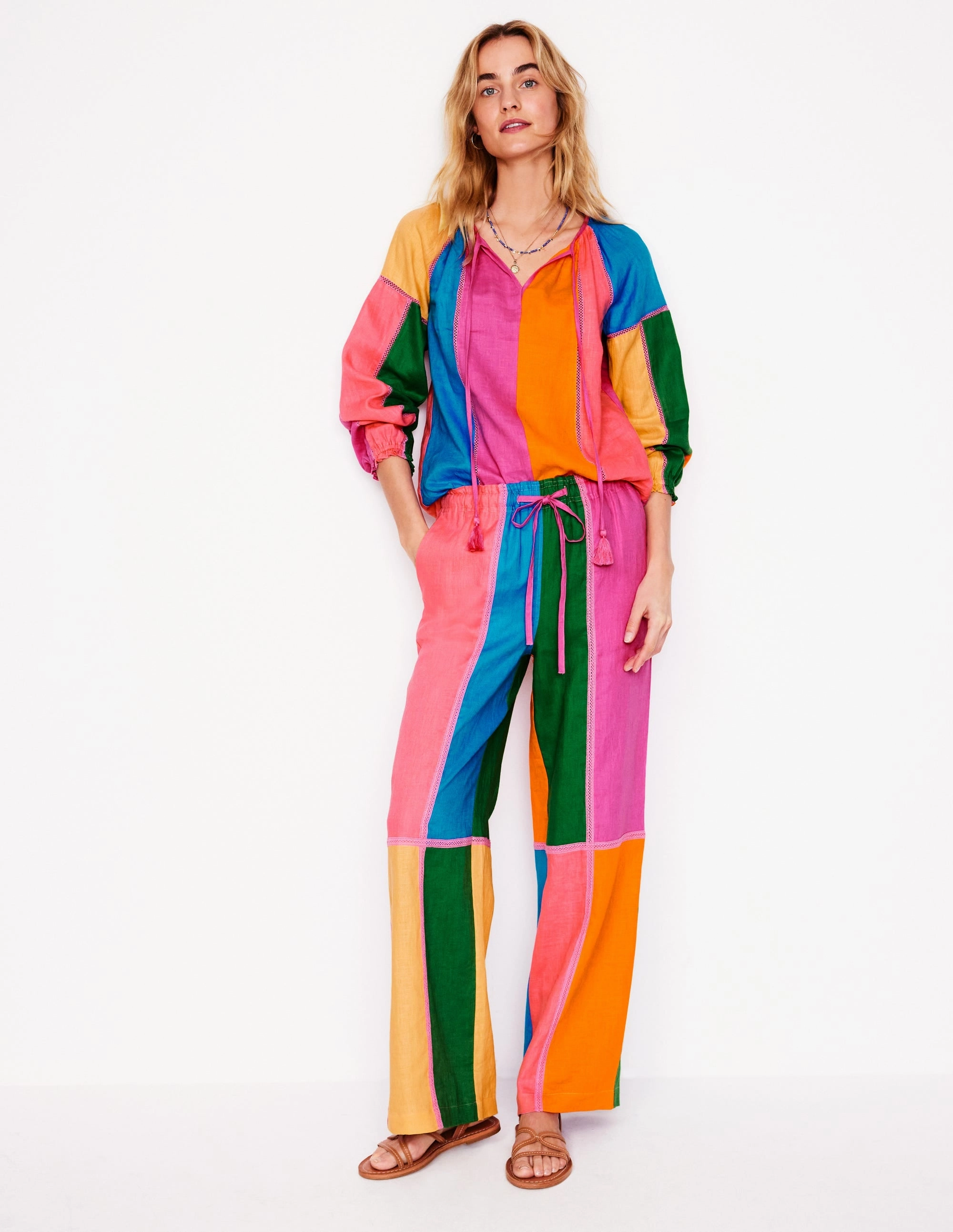 Long Use Islington Linen Trousers-Multi Colourblock
