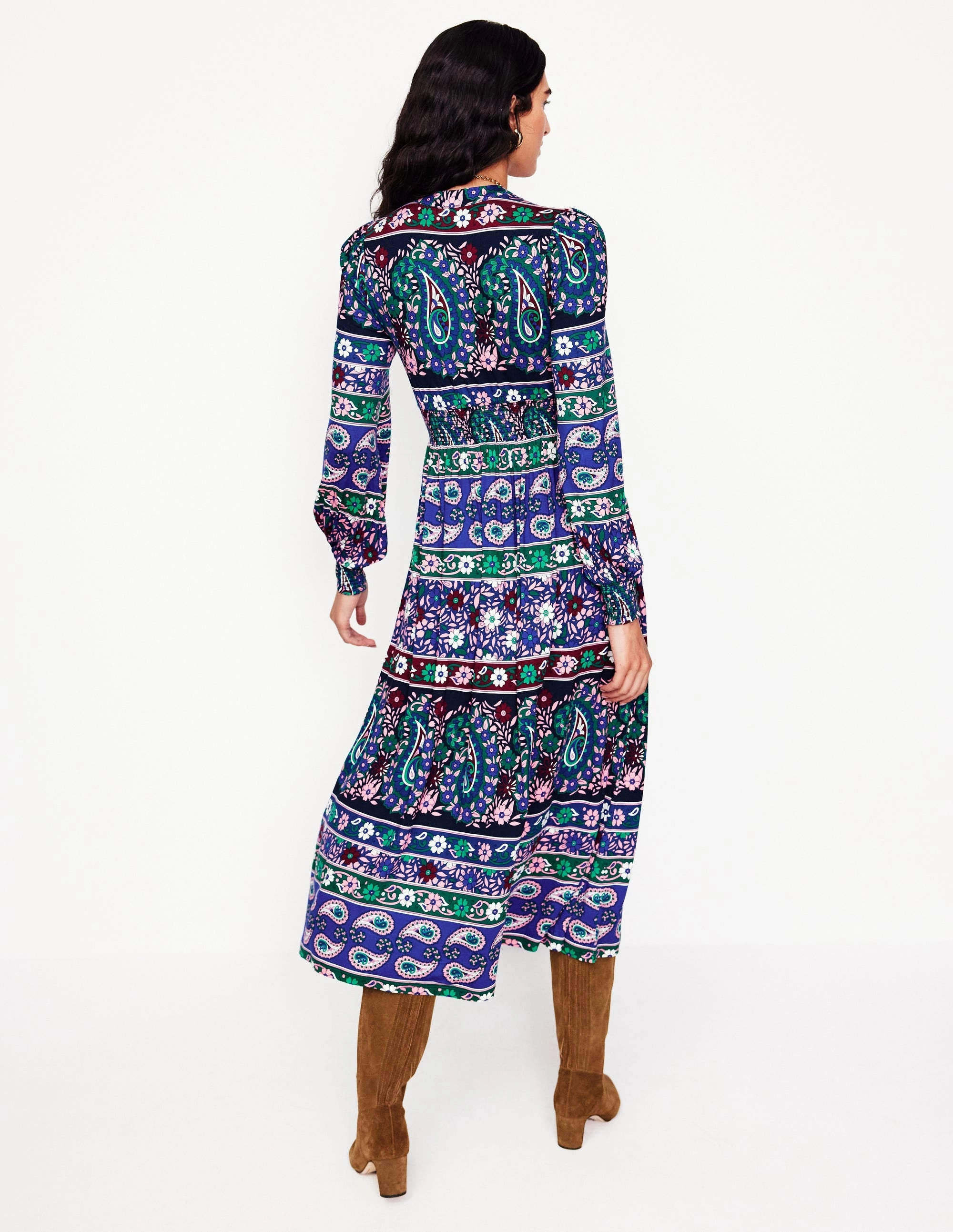 Ivy Border Print Midi Dress-Rich Blue, Paisley Medley Breathable Comfort Wear Editor??s-Pick