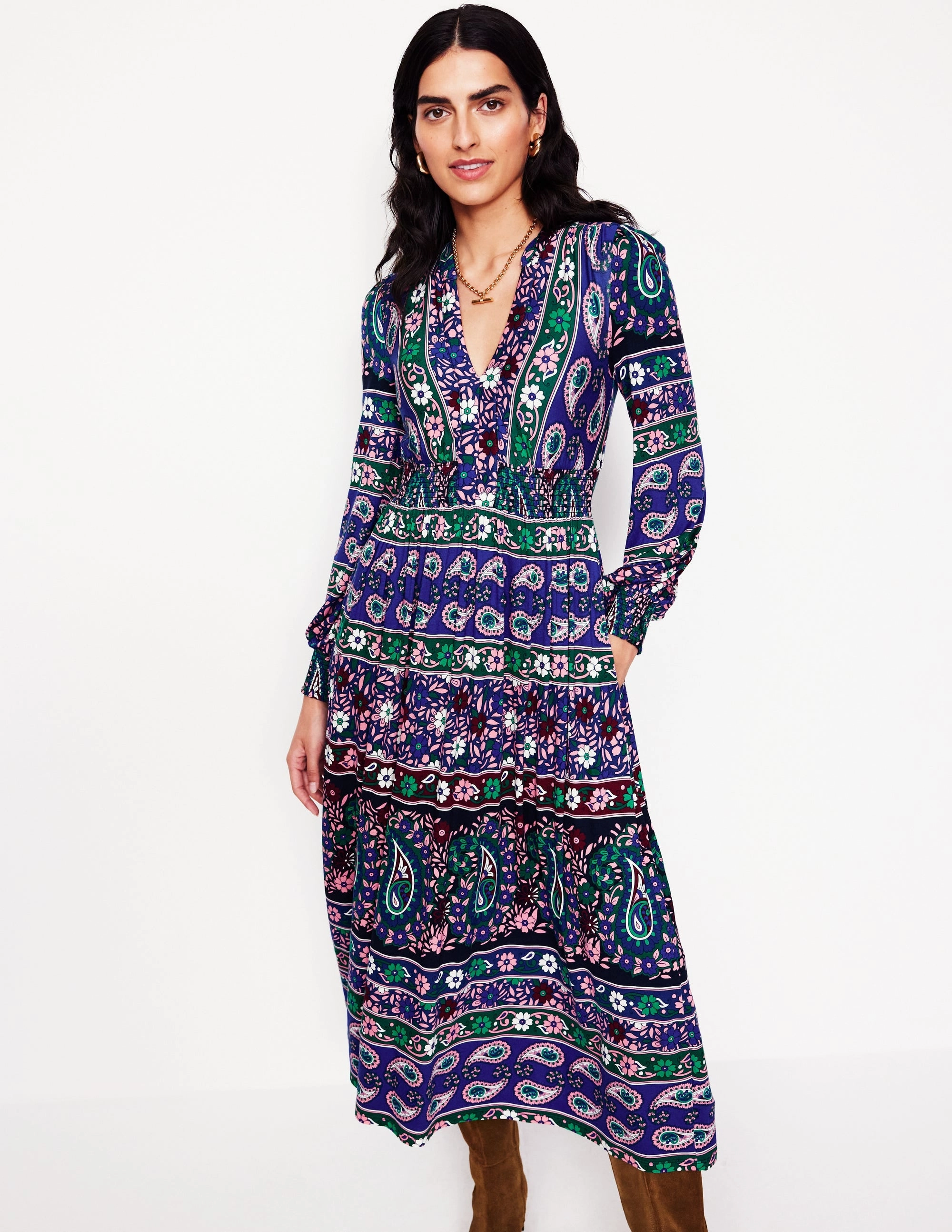 Ivy Border Print Midi Dress-Rich Blue, Paisley Medley hypoallergenic Fall Flow