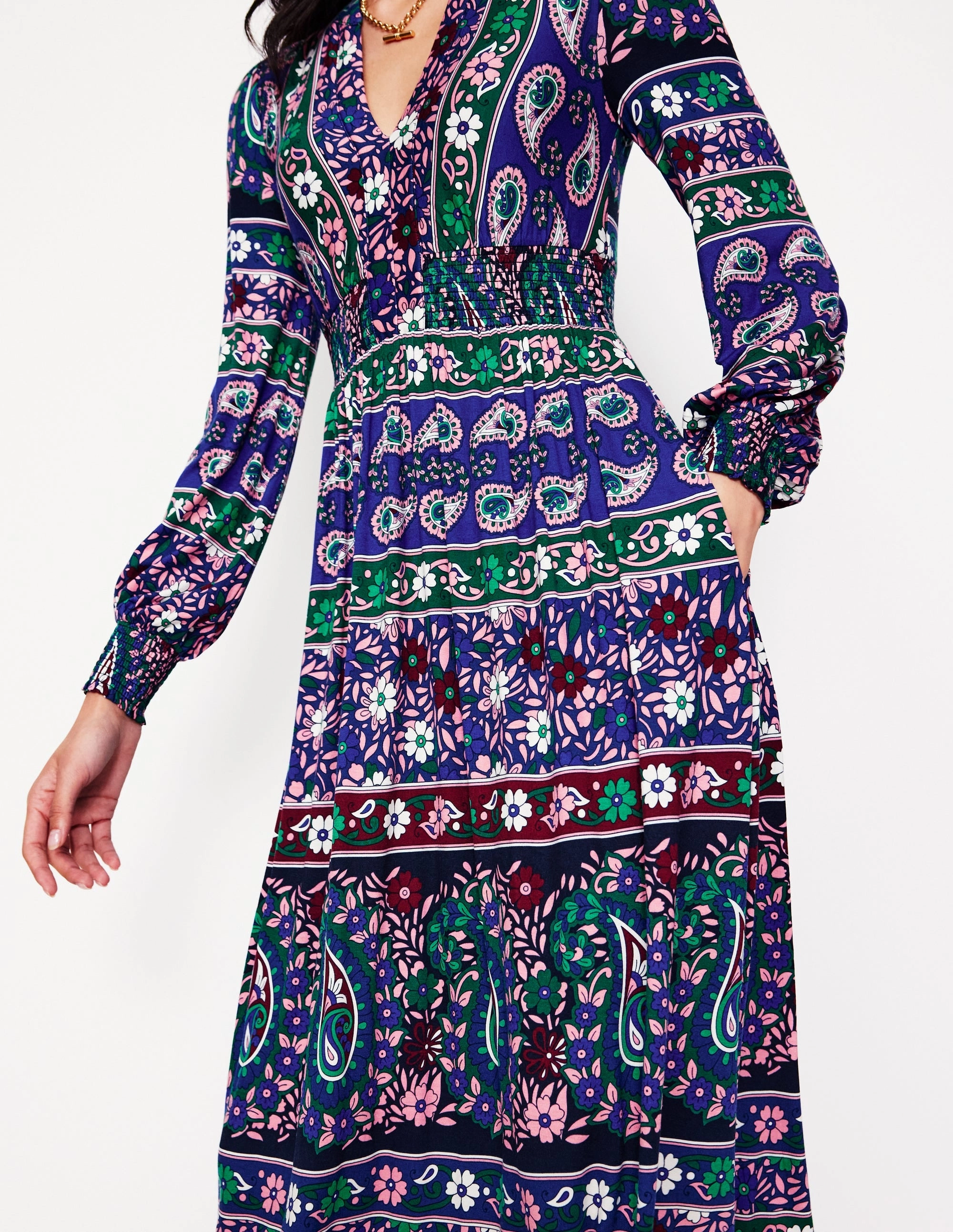 Minimal Detail Ivy Border Print Midi Dress-Rich Blue, Paisley Medley