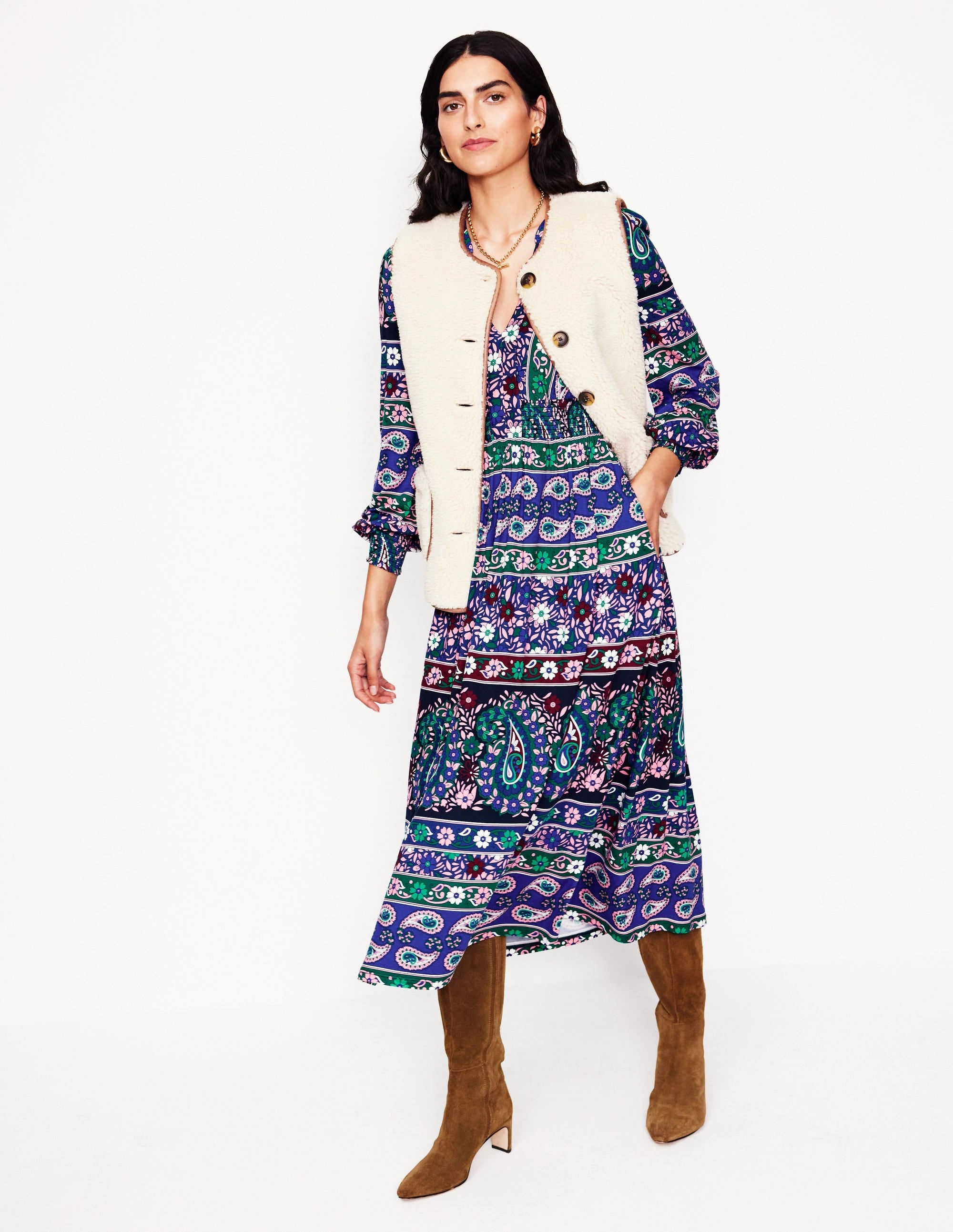 Versatile Edge Practical work-to-play piece Ivy Border Print Midi Dress-Rich Blue, Paisley Medley