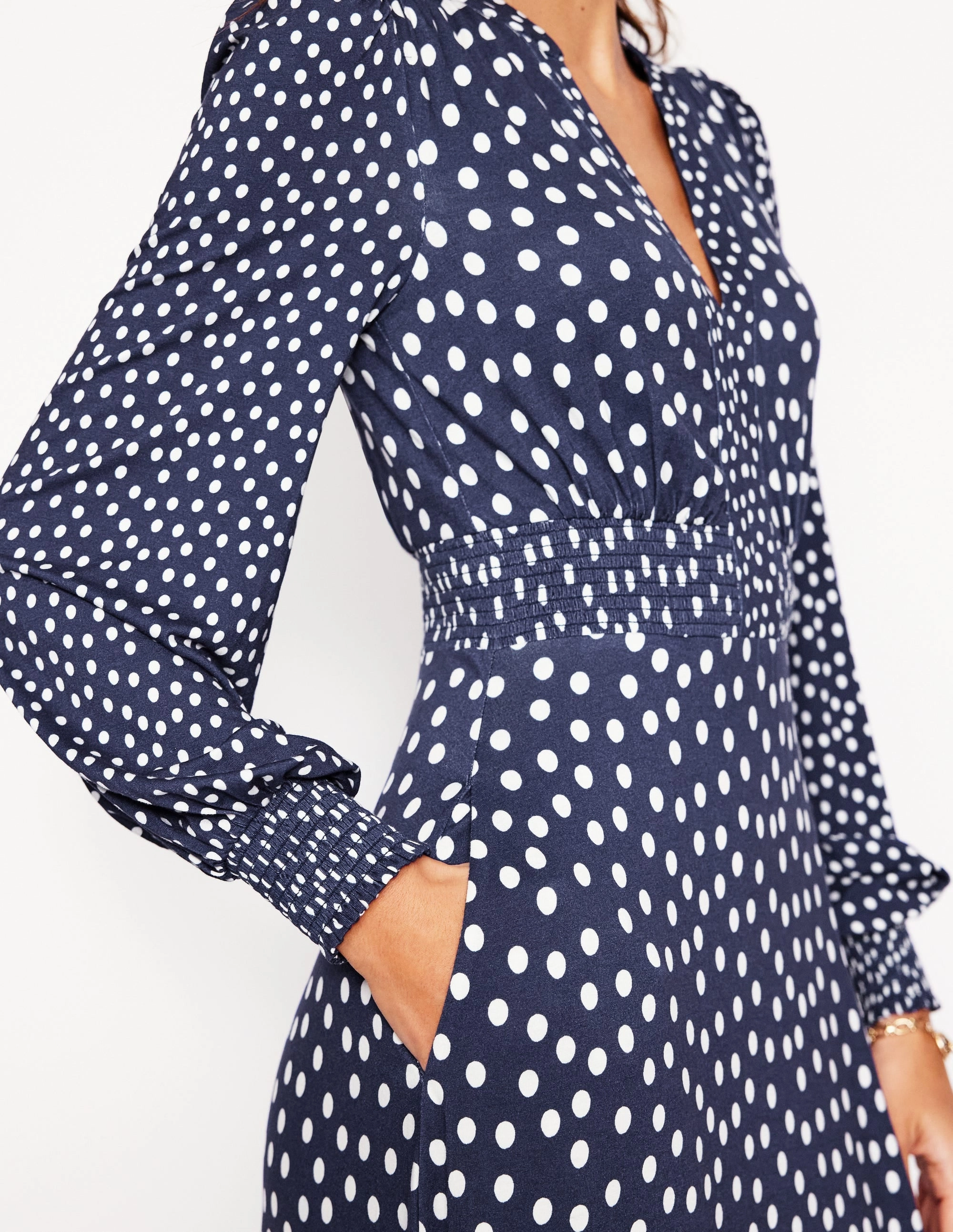 Elastic-Waist Ivy Smocked Midi Dress-College Navy, Abstract Dot