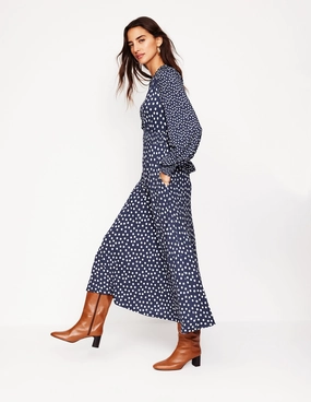 Ivy Smocked Midi Dress-College Navy, Abstract Dot Kimono-Sleeve