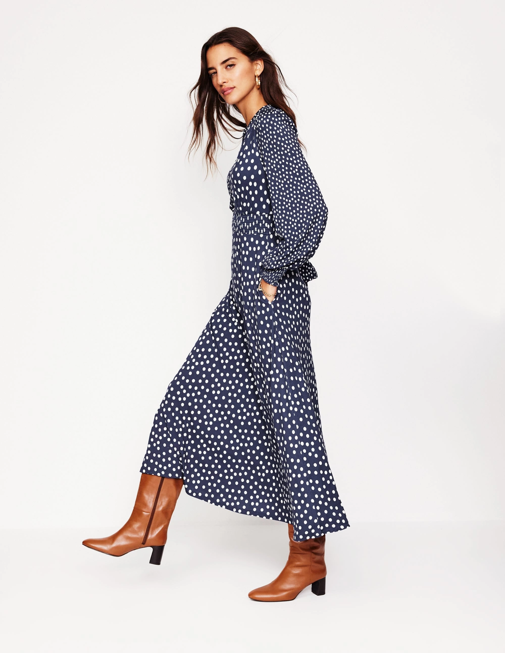 Ivy Smocked Midi Dress-College Navy, Abstract Dot Kimono-Sleeve