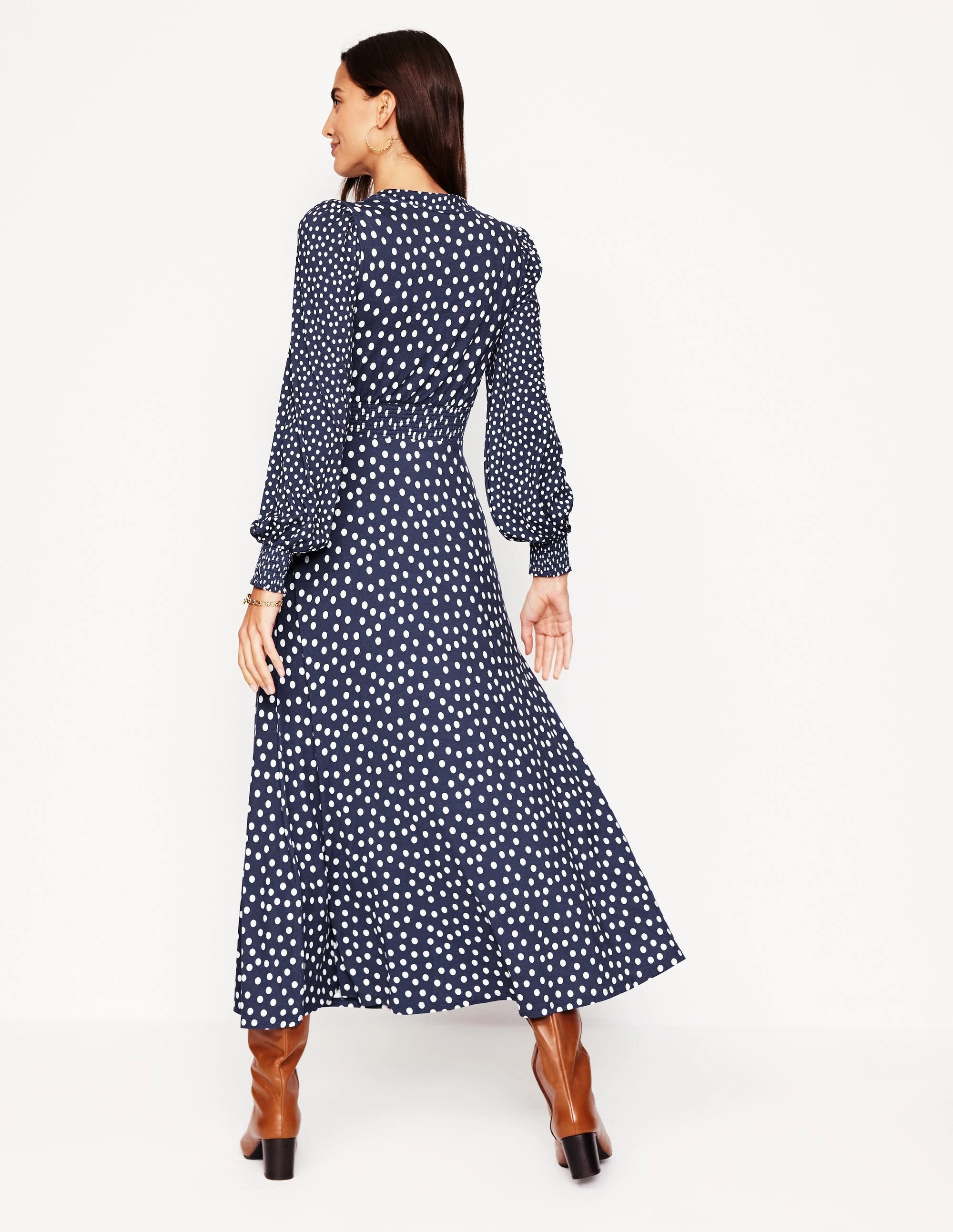 Contemporary Waist Ivy Smocked Midi Dress-College Navy, Abstract Dot