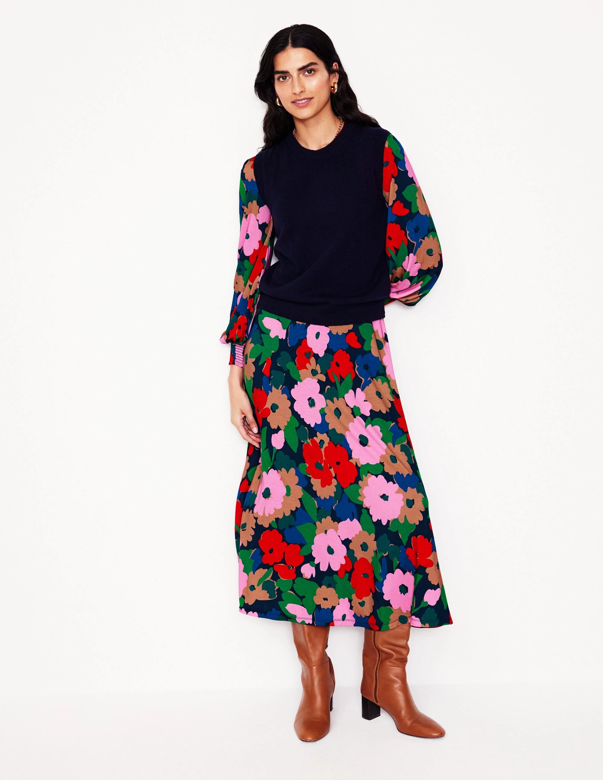 Soft Structure Basic Warm Ivy Smocked Midi Dress-Multi, Painterly Meadow