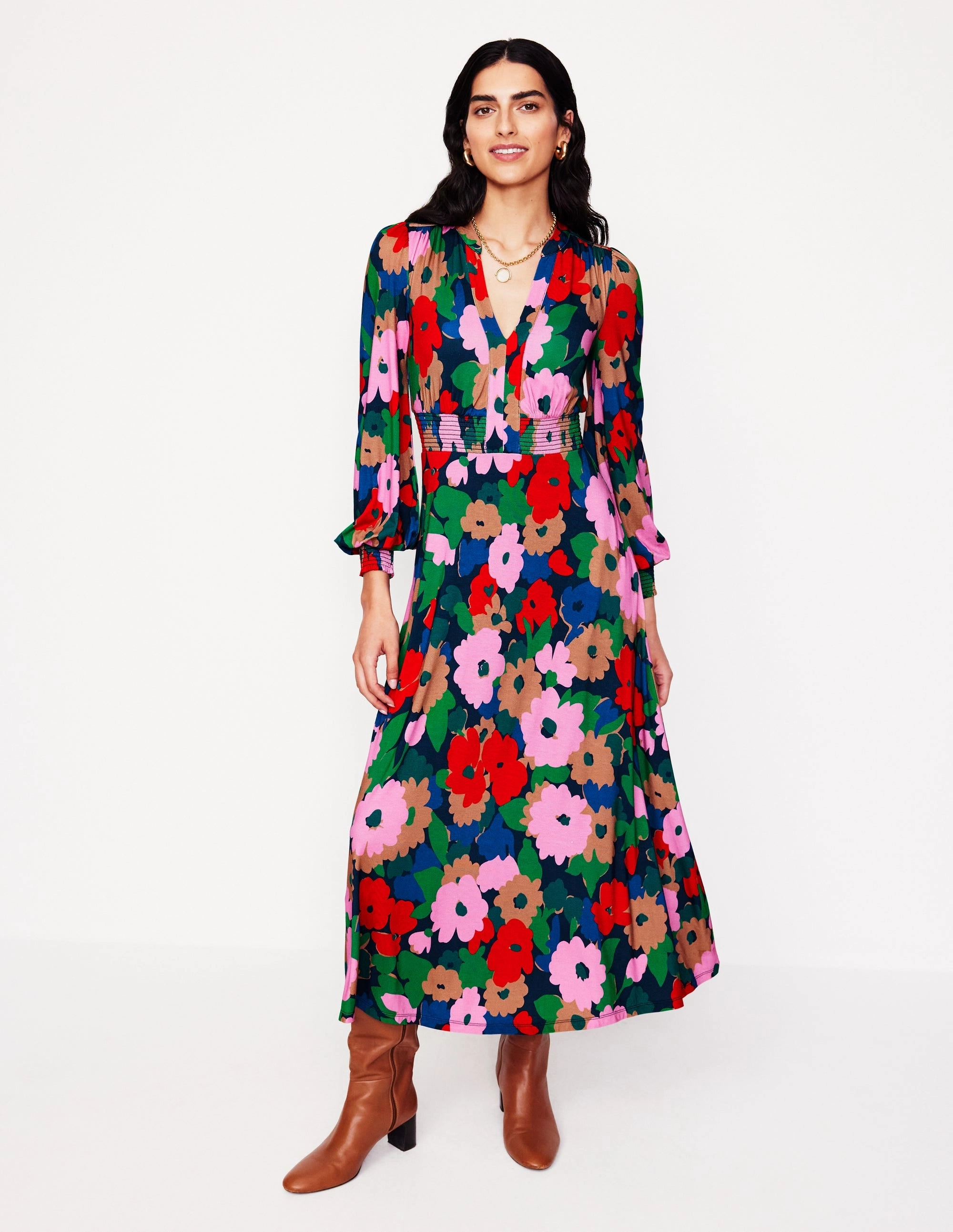 Ivy Smocked Midi Dress-Multi, Painterly Meadow Light Mood Cool Palette