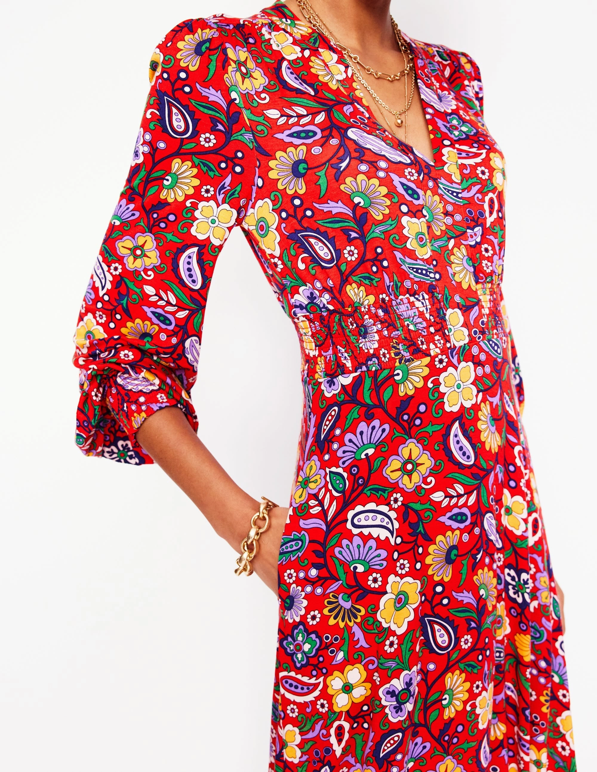 Smooth Finish Ivy Smocked Midi Dress-Poppy Red, Oriental Paradise