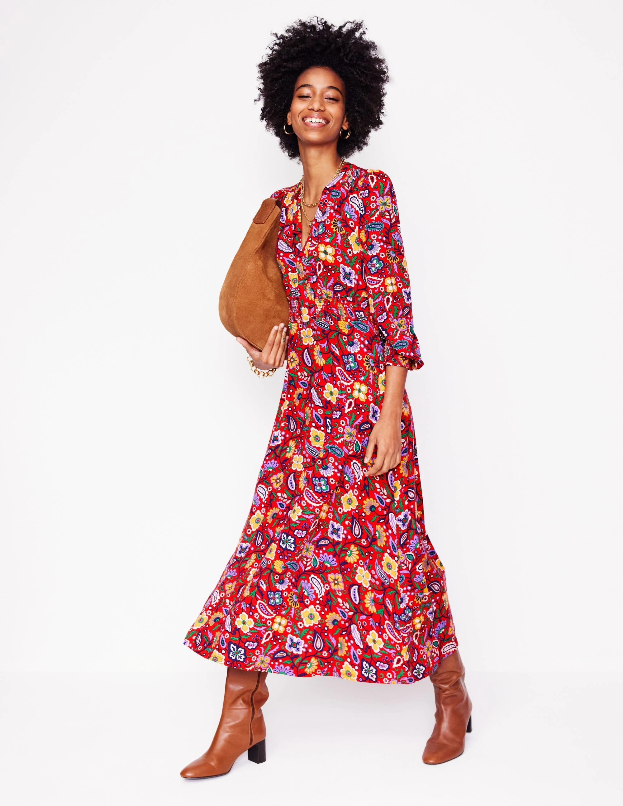 Ivy Smocked Midi Dress-Poppy Red, Oriental Paradise Polished Cut Classic Comfort