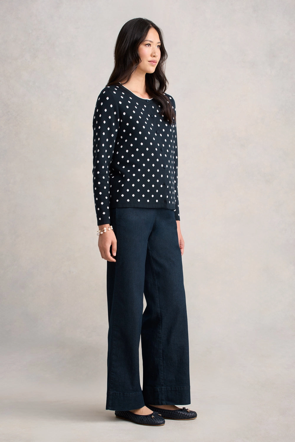 Bonded Seam Tape LightweightLayeredFabric Jacquard Cotton Cardigan - Deep Navy Spot