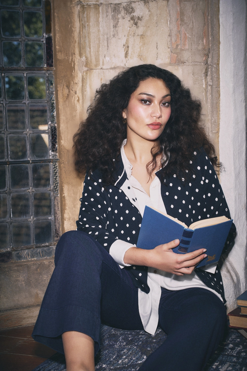 Jacquard Cotton Cardigan - Deep Navy Spot Ventilated Back Panels