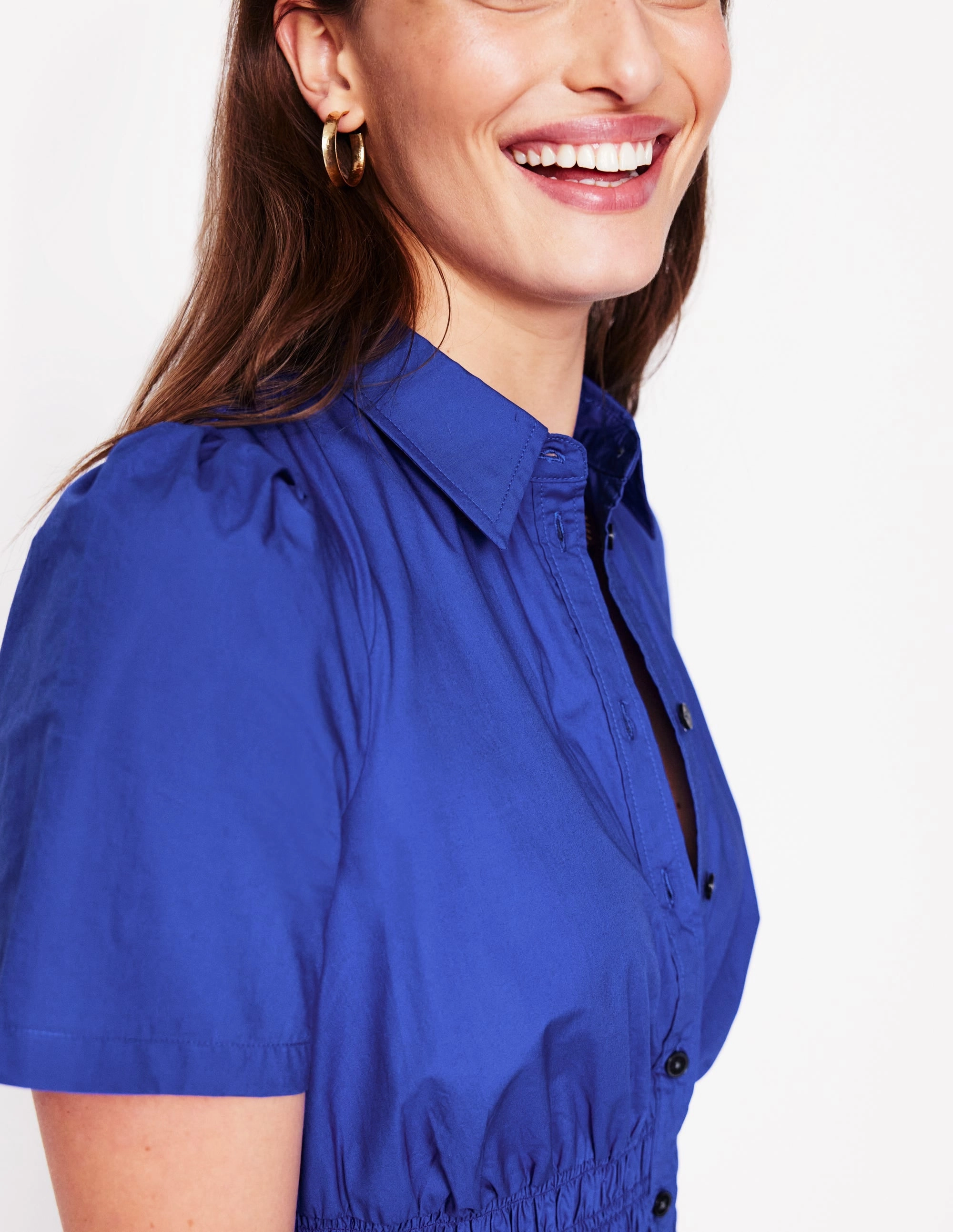 Slit Detail Jane Smocked Shirt Dress-Bright Blue