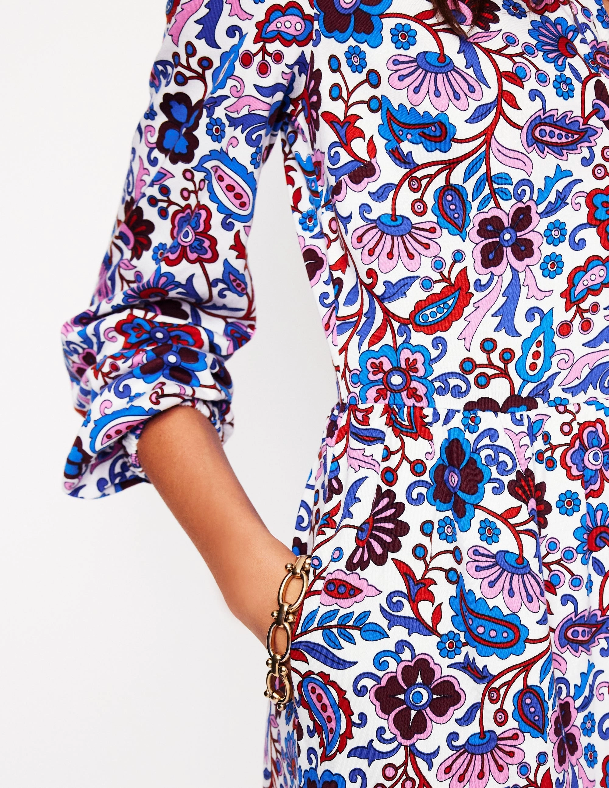 Button-Cuff Clean Cut Jemima Tiered Jersey Dress-Ivory, Oriental Paradise