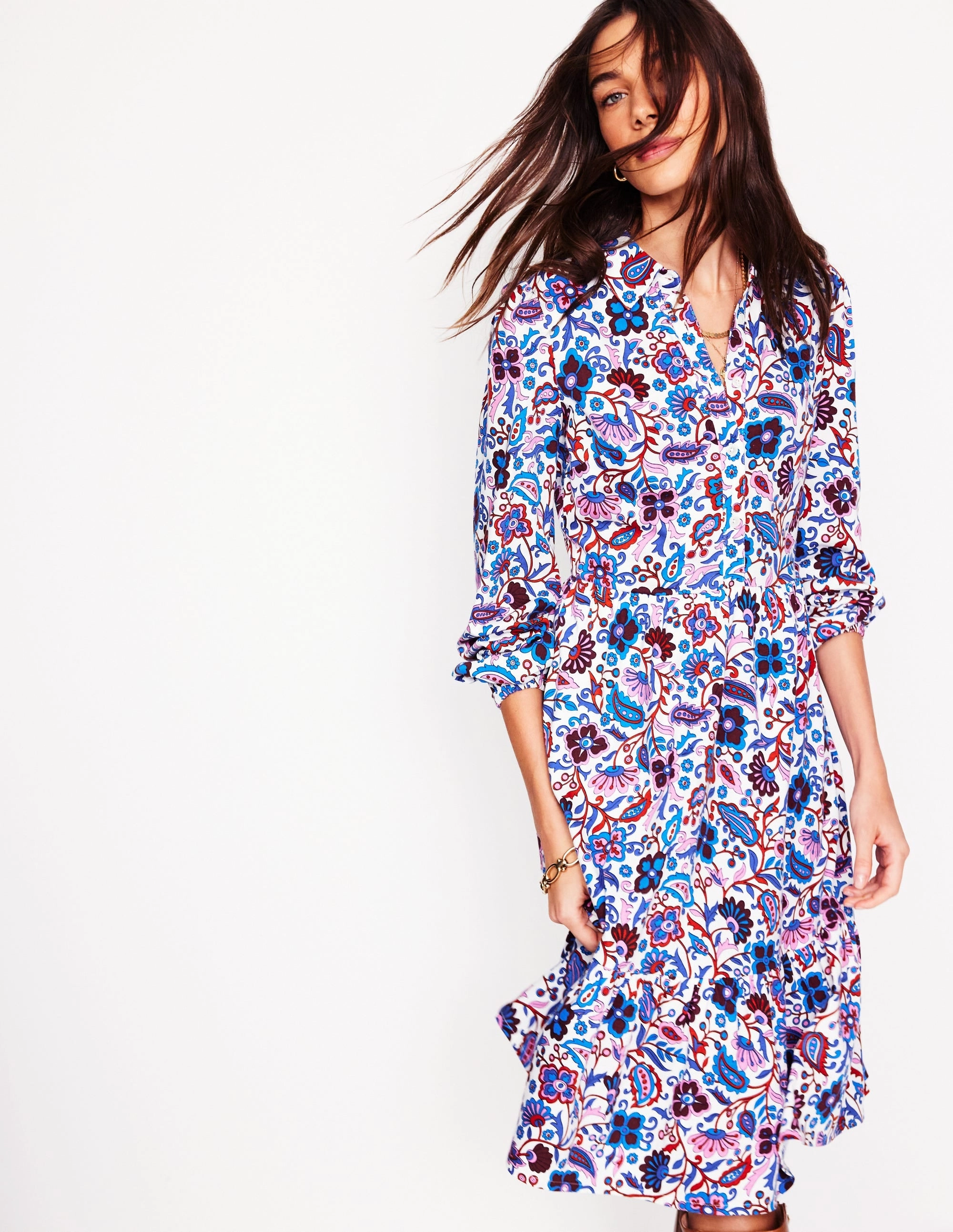 Recycled-Material Summer Outfit Jemima Tiered Jersey Dress-Ivory, Oriental Paradise