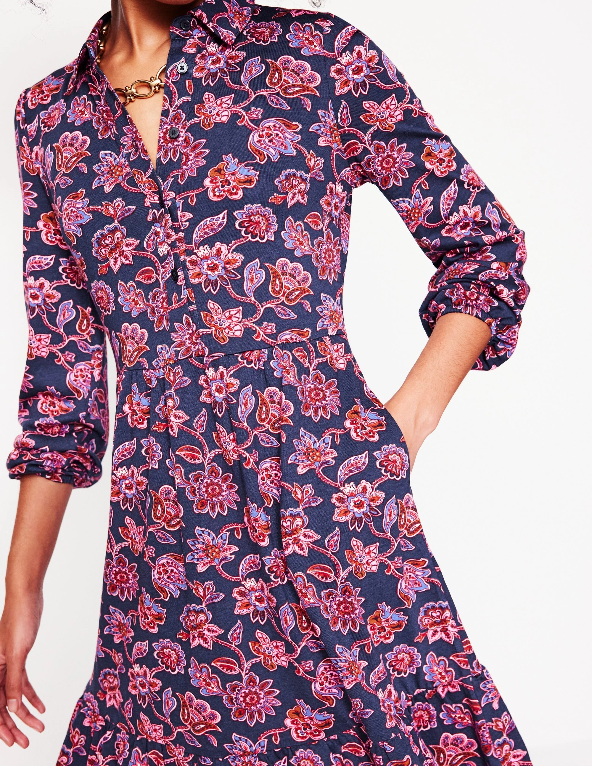 Soft Lines Comfortable and Soft Jemima Tiered Jersey Dress-Navy, Floret Cascade