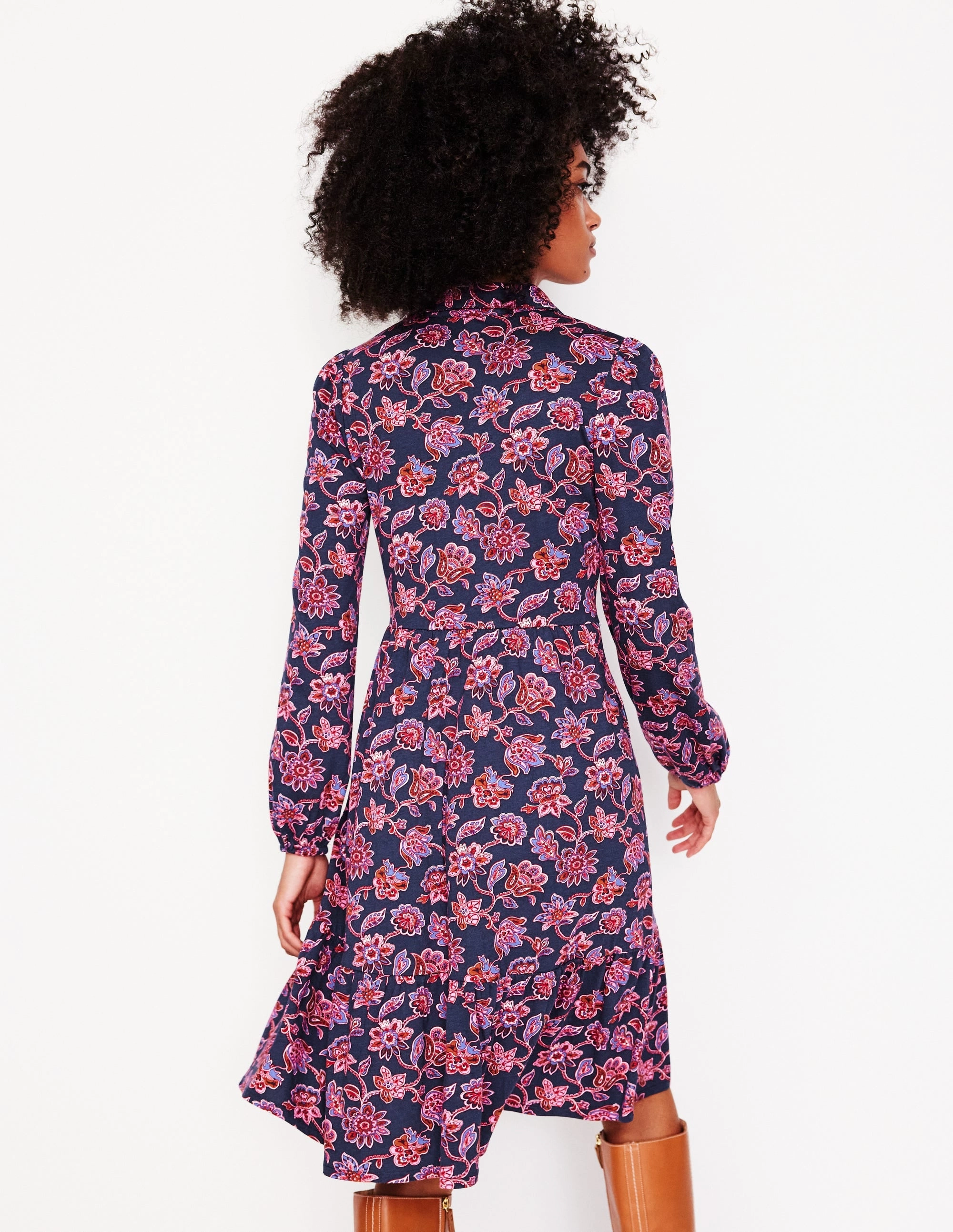 Jemima Tiered Jersey Dress-Navy, Floret Cascade Fitted Base