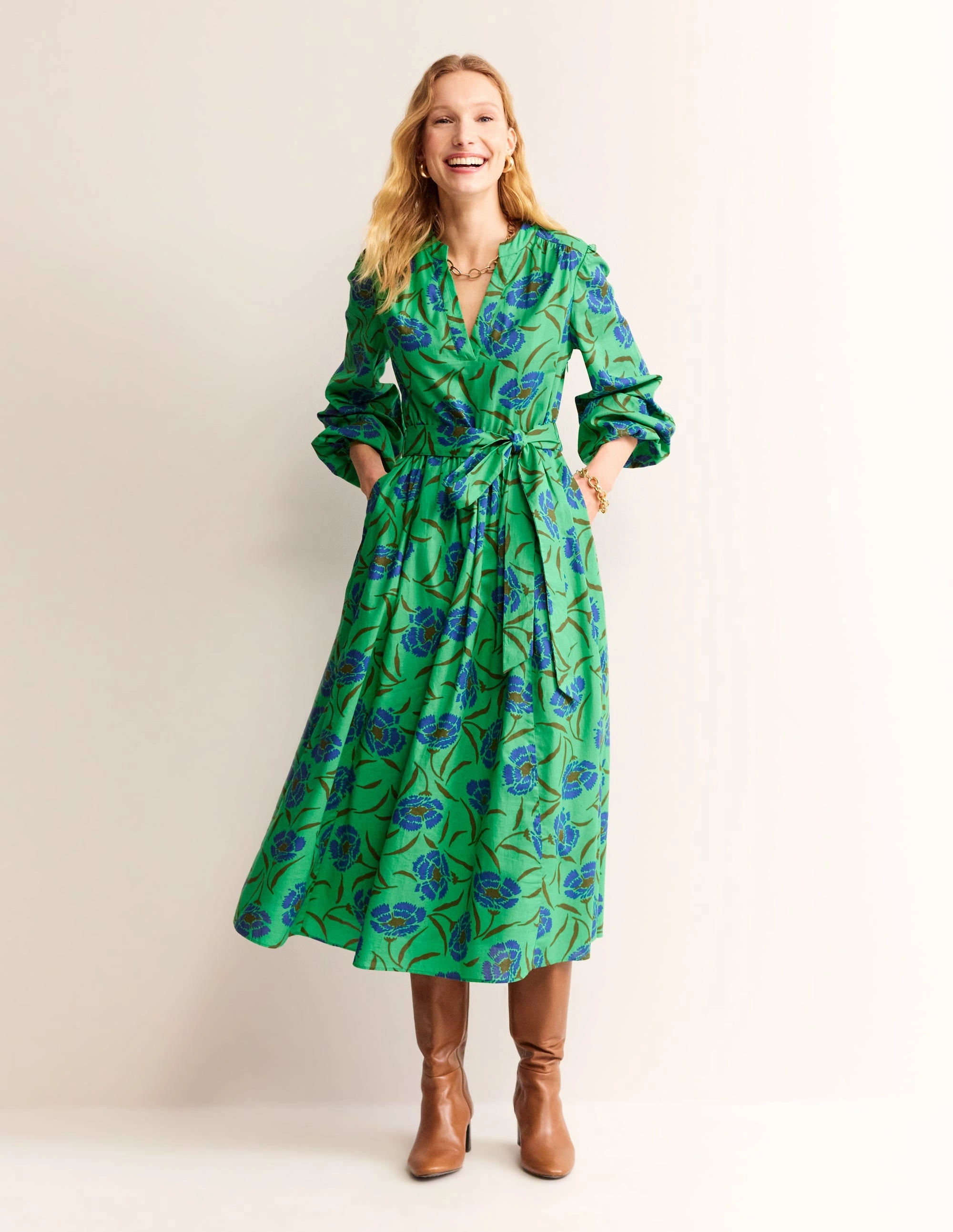 Autumn Mood Calm Movement Jen Cotton Midi Dress-Ming Green, Peony Sprig