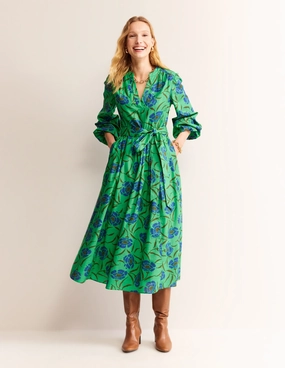 Autumn Mood Calm Movement Jen Cotton Midi Dress-Ming Green, Peony Sprig
