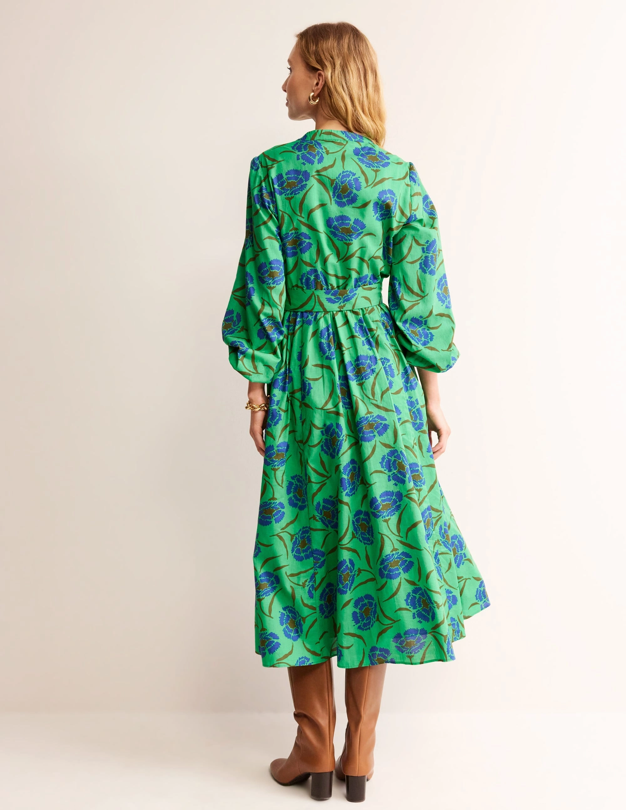 Classic knee-length dress Jen Cotton Midi Dress-Ming Green, Peony Sprig