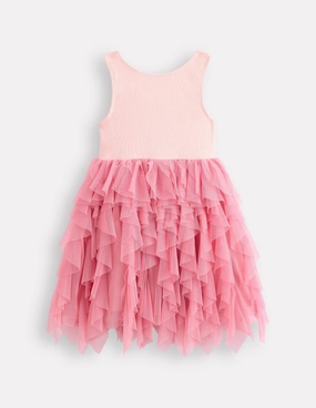 Coffee Break Layered-Sleeve Jersey Tulle Mix Dress-Chalk Pink