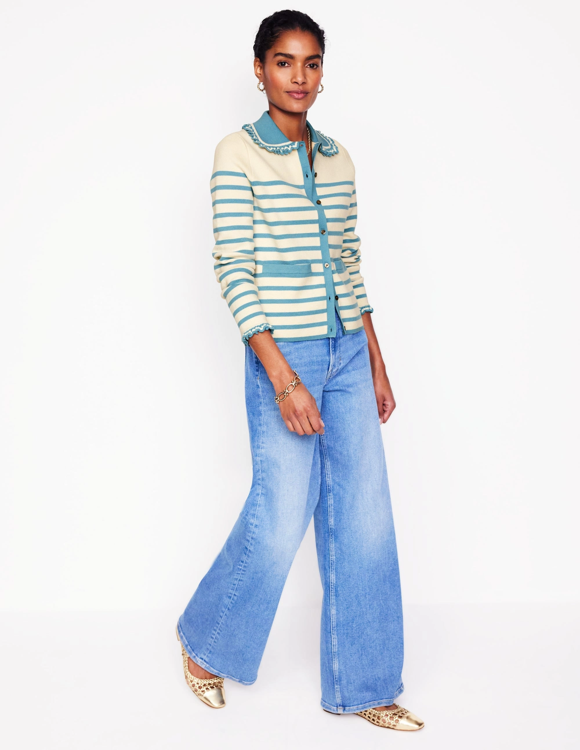 Jessie Frill Collared Cardigan-Ivory, Duck Egg Blue Stripe Quiet Style