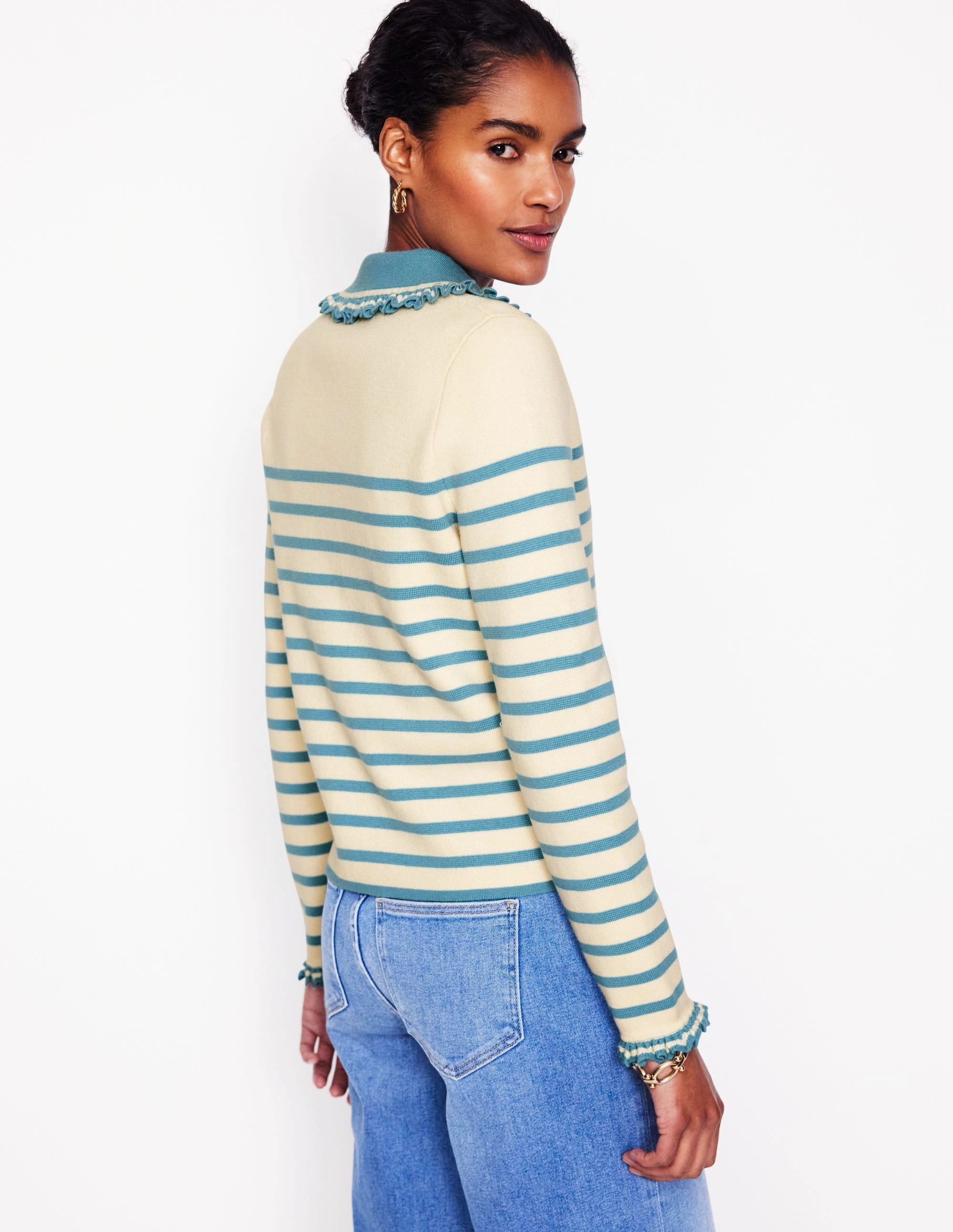 Machine washable Modern Casual Look Jessie Frill Collared Cardigan-Ivory, Duck Egg Blue Stripe