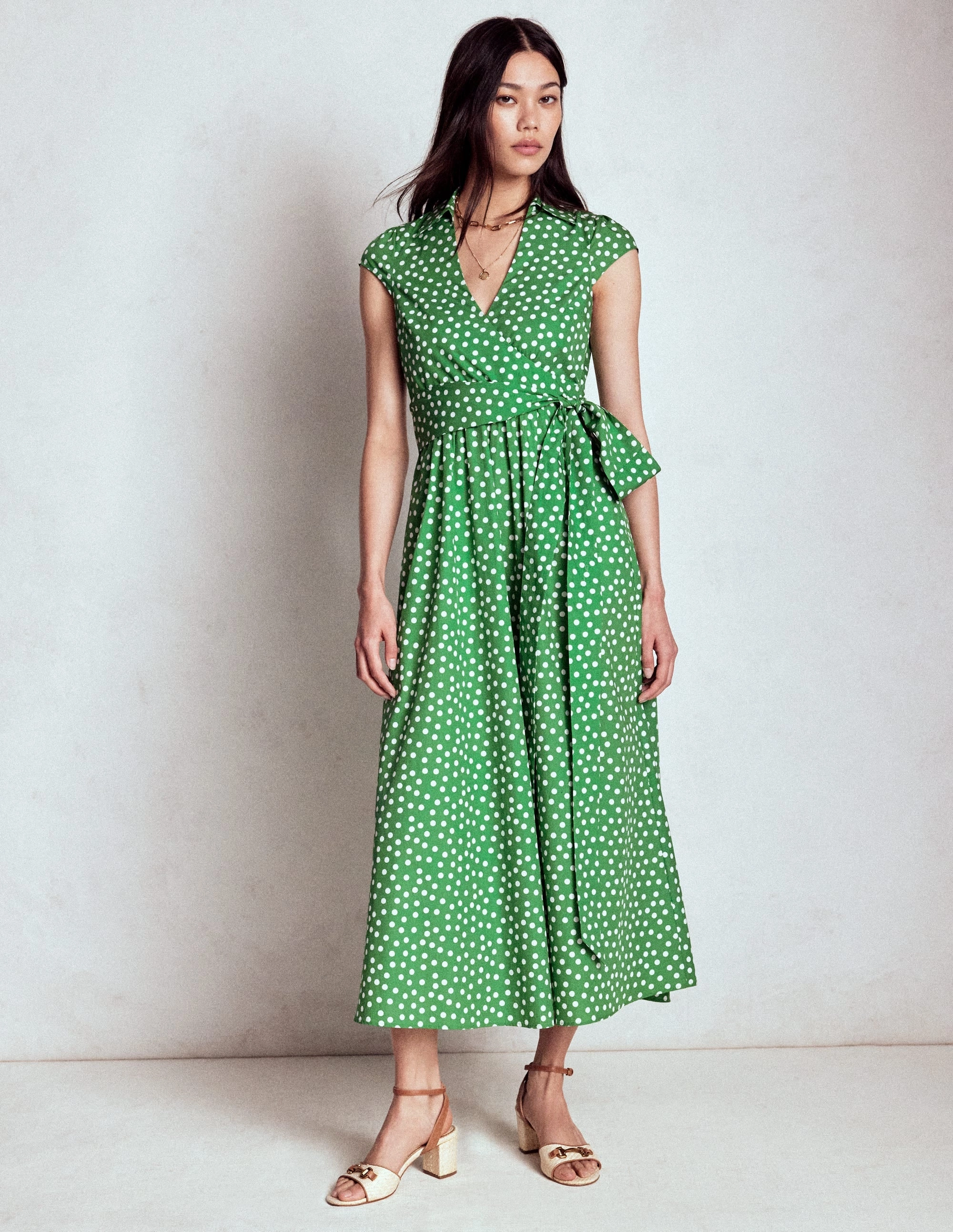 Pose Glow Relaxed Waist Fit Julia Cotton Wrap Midi Dress-Highland Green, Painted Dot